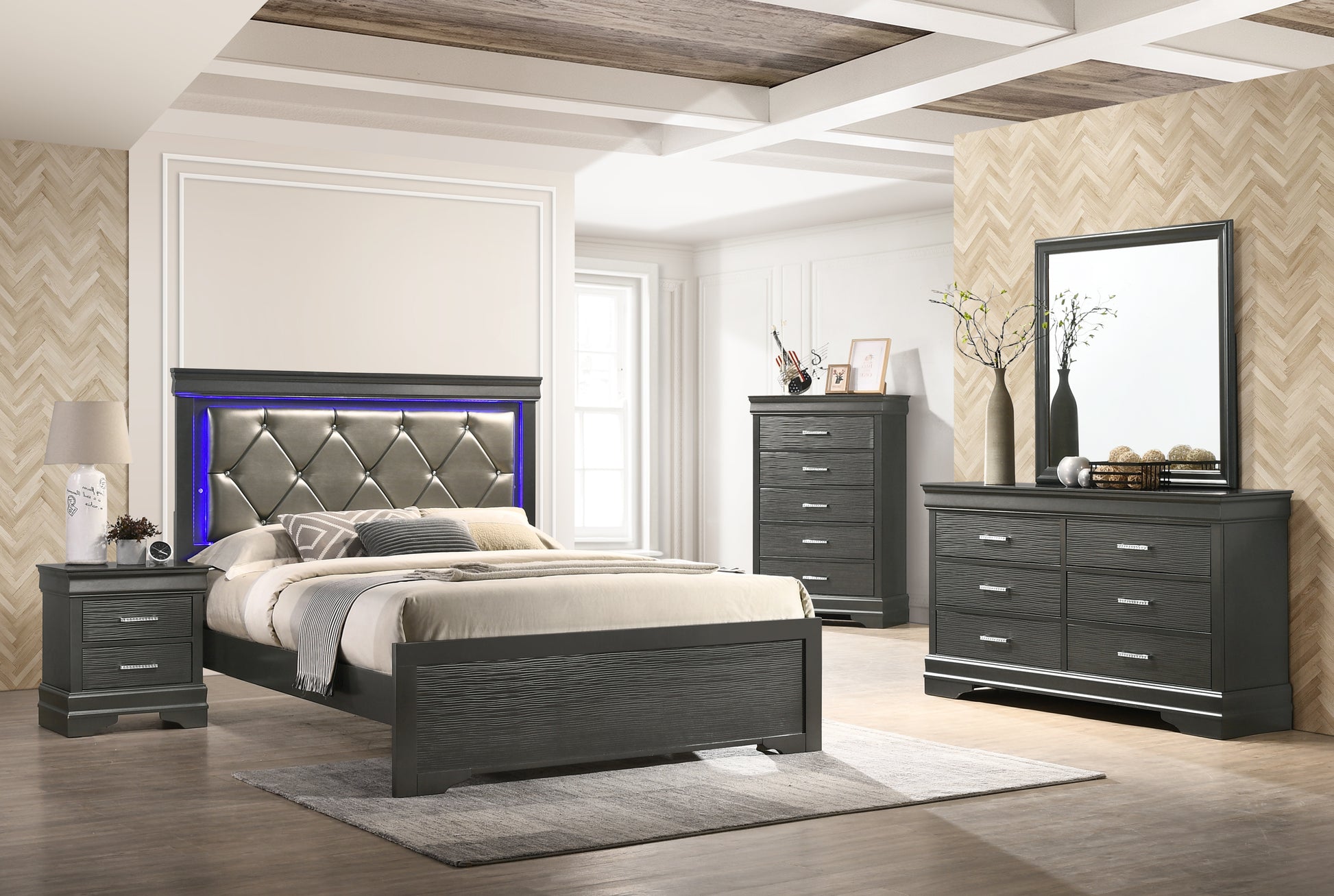 Twin 5 Pc Tufted Upholstery Led Bedroom Set Made With Wood In Gray Box Spring Required Twin Gray Wood 5 Piece Set Bedroom Bed Included,Chest Included,Dresser Included,Mirror Included,Nightstand