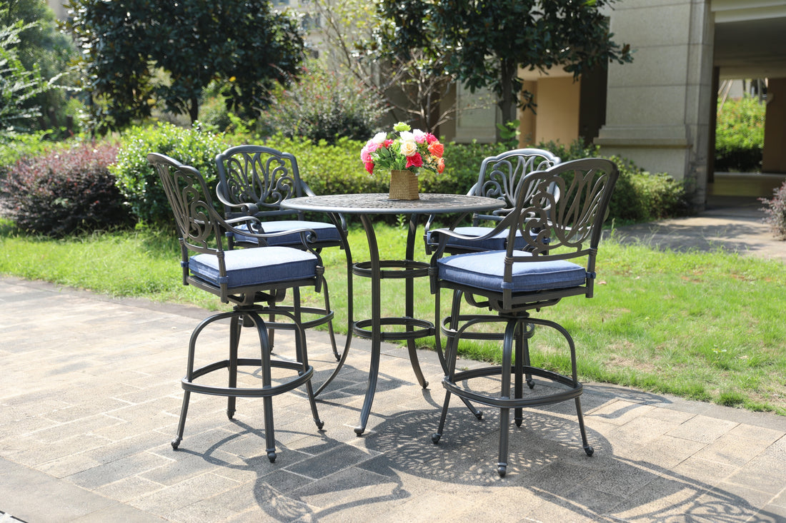 Round 4 Person 42" Long Bar Height Dining Set With Cushions Gray Navy Polyester Aluminum