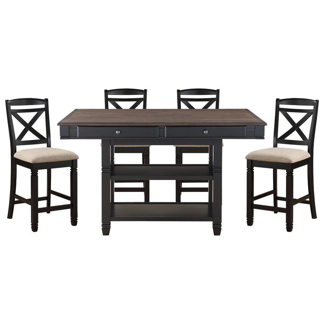 Transitional Style Counter Height Dining Set 5Pc Table W Display Shelves Drawers And 4X Counter Height Chairs Black Finish Funiture Wood Black Seats 4 Wood Dining Room Transitional Rectangular Dining Table With Chair Rubber Wood