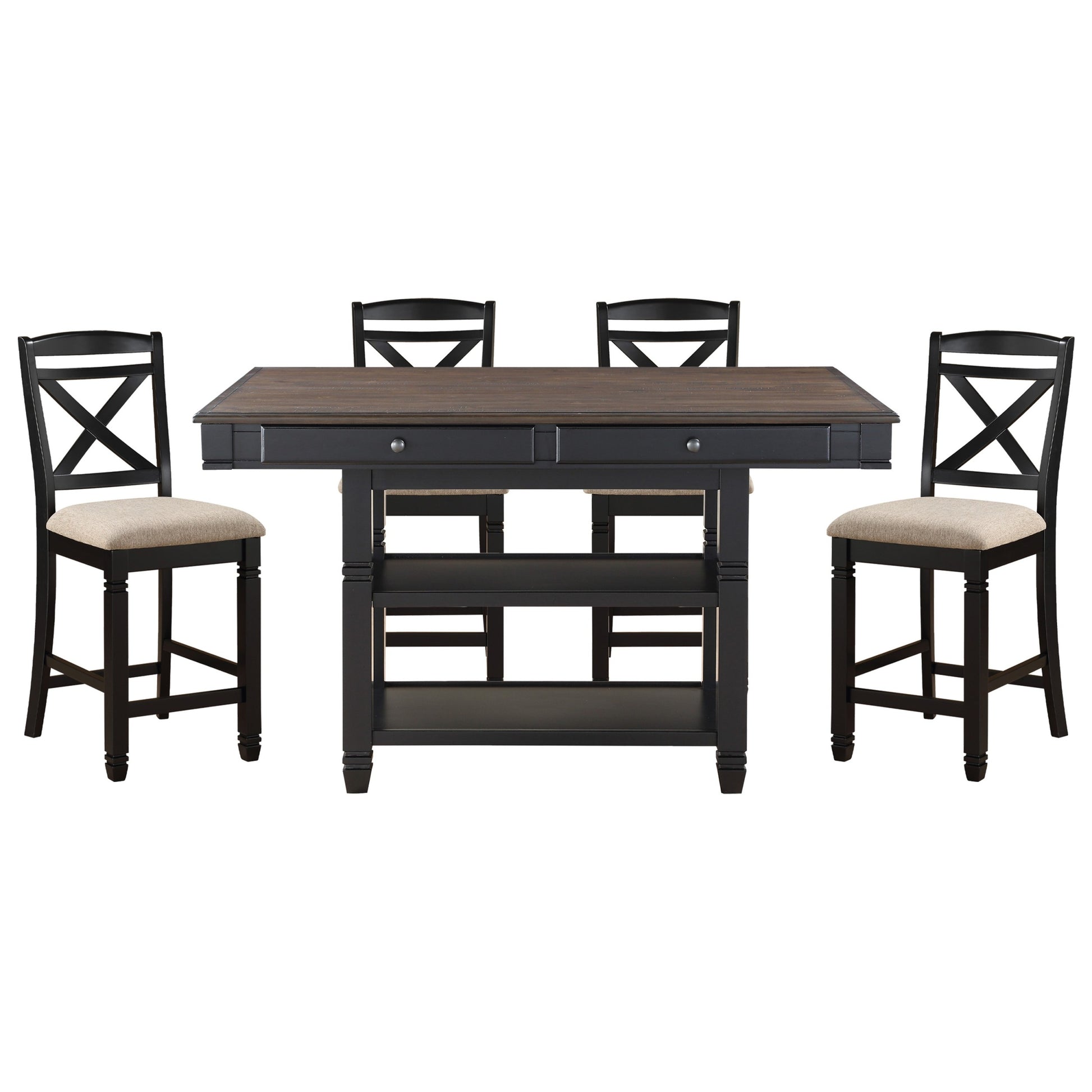 Transitional Style Counter Height Dining Set 5Pc Table W Display Shelves Drawers And 4X Counter Height Chairs Black Finish Funiture Wood Black Seats 4 Wood Dining Room Transitional Rectangular Dining Table With Chair Rubber Wood