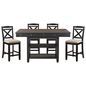 Transitional Style Counter Height Dining Set 5Pc Table W Display Shelves Drawers And 4X Counter Height Chairs Black Finish Funiture Wood Black Seats 4 Wood Dining Room Transitional Rectangular Dining Table With Chair Rubber Wood