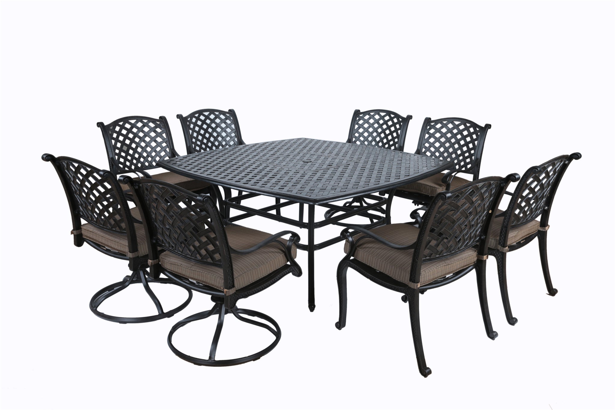 Square 8 Person 64" Long Aluminum Dining Set With Cushions Antique Brown Polyester Aluminium