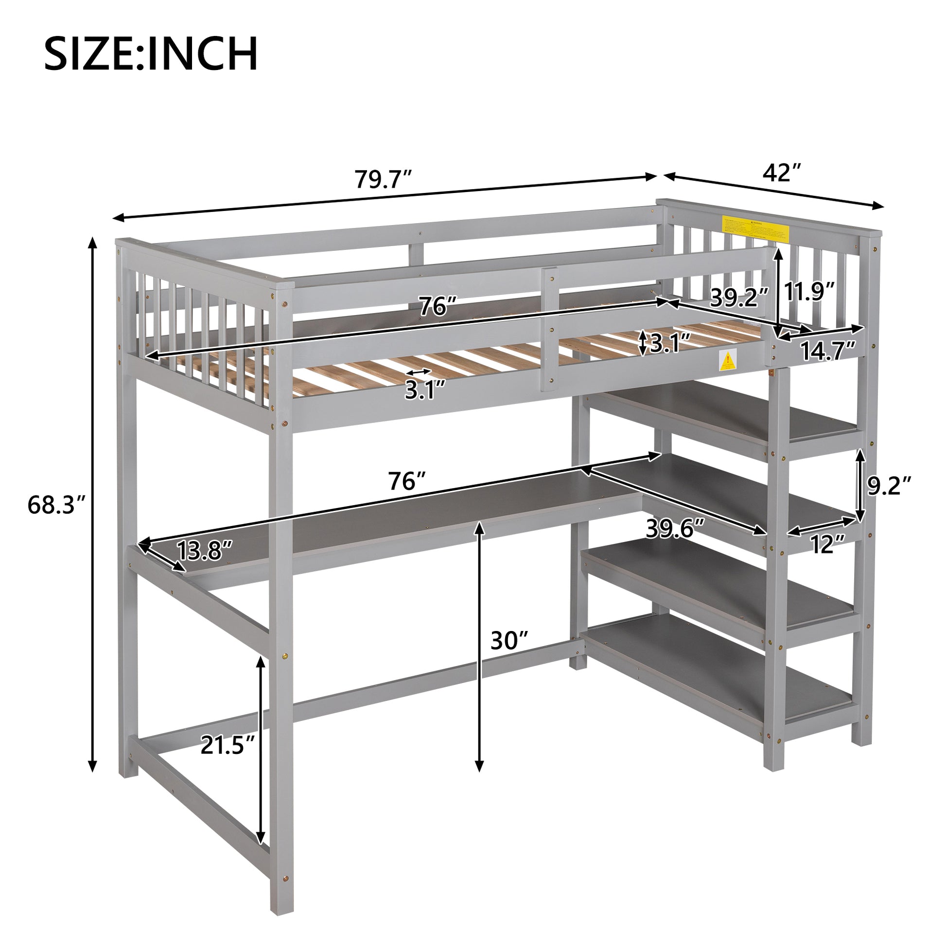 Twin Size Loft Bed With Storage Shelves And Under Bed Desk, Gray Old Sku:Sm000245Aae 1 Gray Pine