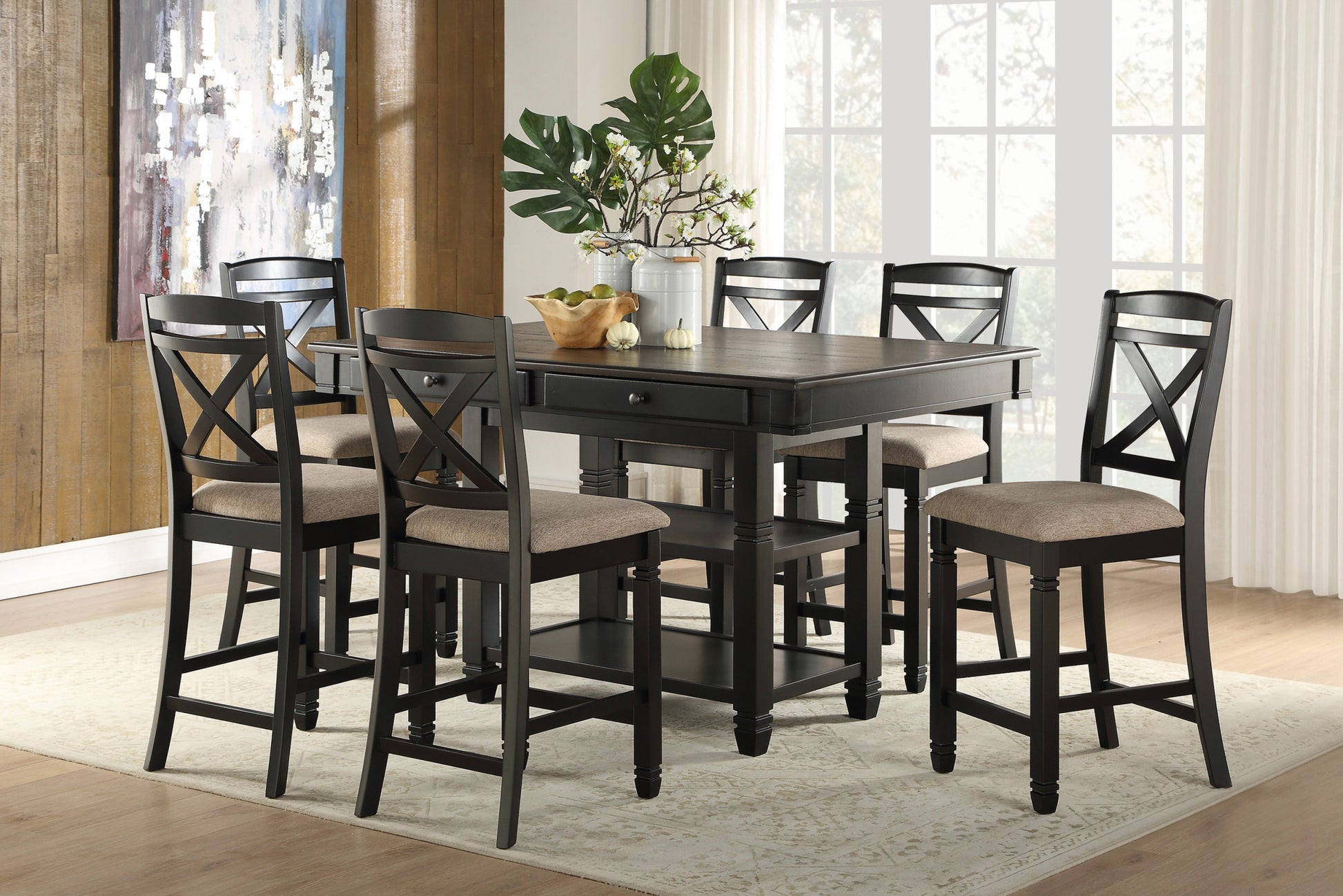 Transitional Style Counter Height Dining Set 7Pc Table W Display Shelves Drawers And 6X Counter Height Chairs Black Finish Funiture Wood Wood Black Seats 6 Wood Dining Room Transitional Rectangular Dining Table With Chair Rubber Wood