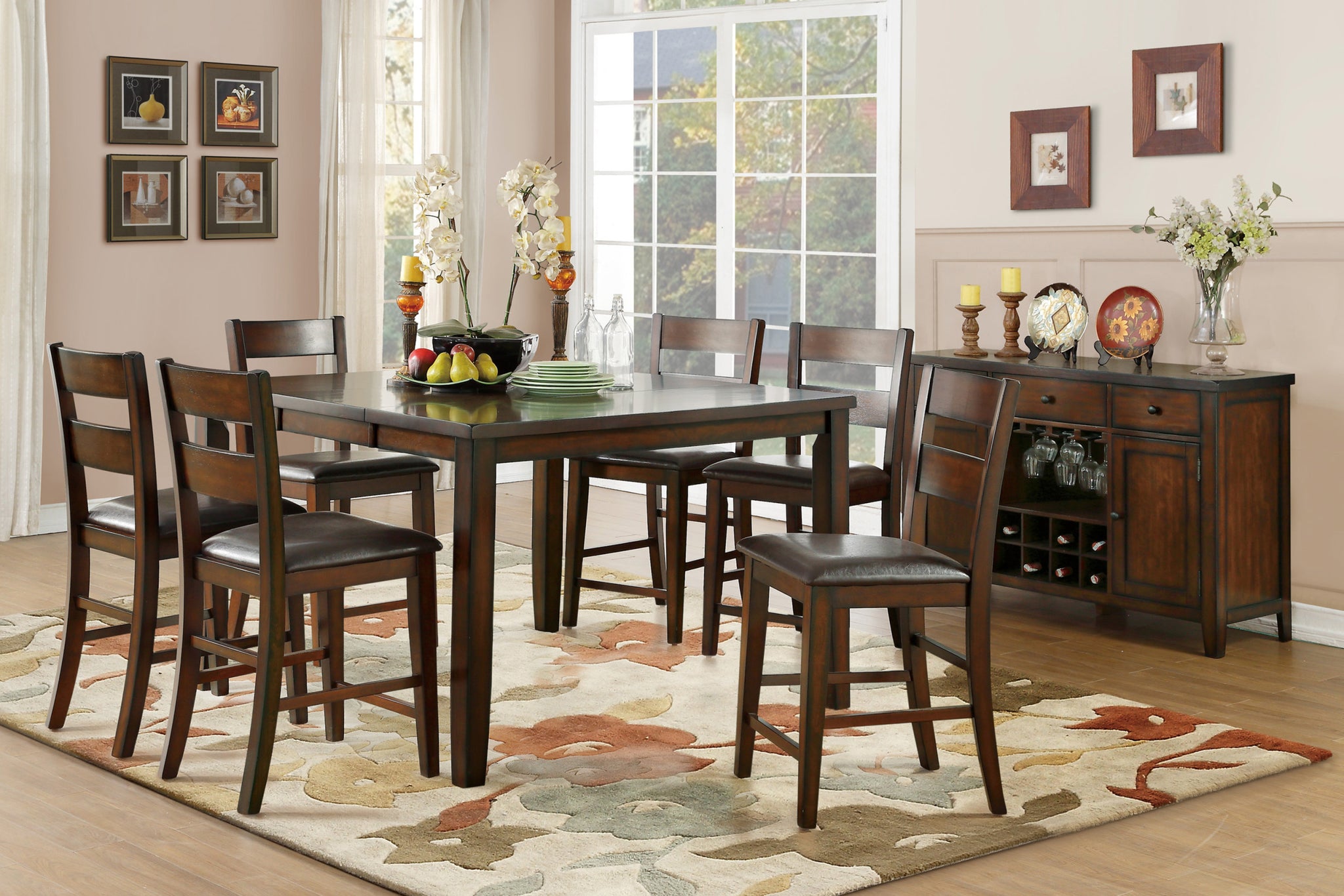 Cherry Finish Dining Set 7Pc Counter Height Table With Extension Leaf And 6X Wood Frame Counter Height Chairs Transitional Style Furniture Wood Wood Cherry Seats 6 Wood Dining Room Extendable Transitional Dining Table With Chair Wood