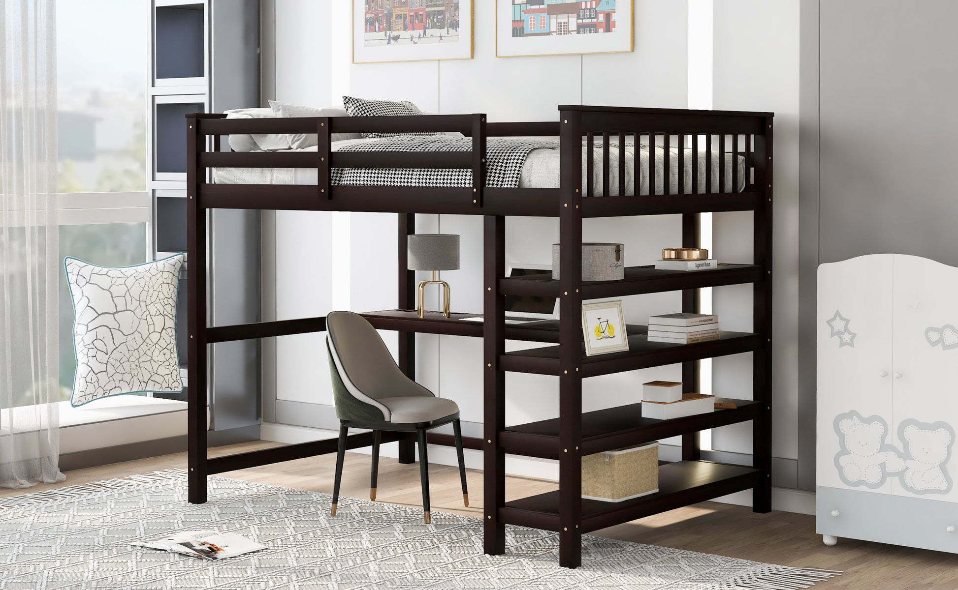 Full Size Loft Bed With Storage Shelves And Under Bed Desk, Espresso Old Sku:Sm000246Aap 1 Box Spring Not Required Full Espresso Wood Bedroom Pine