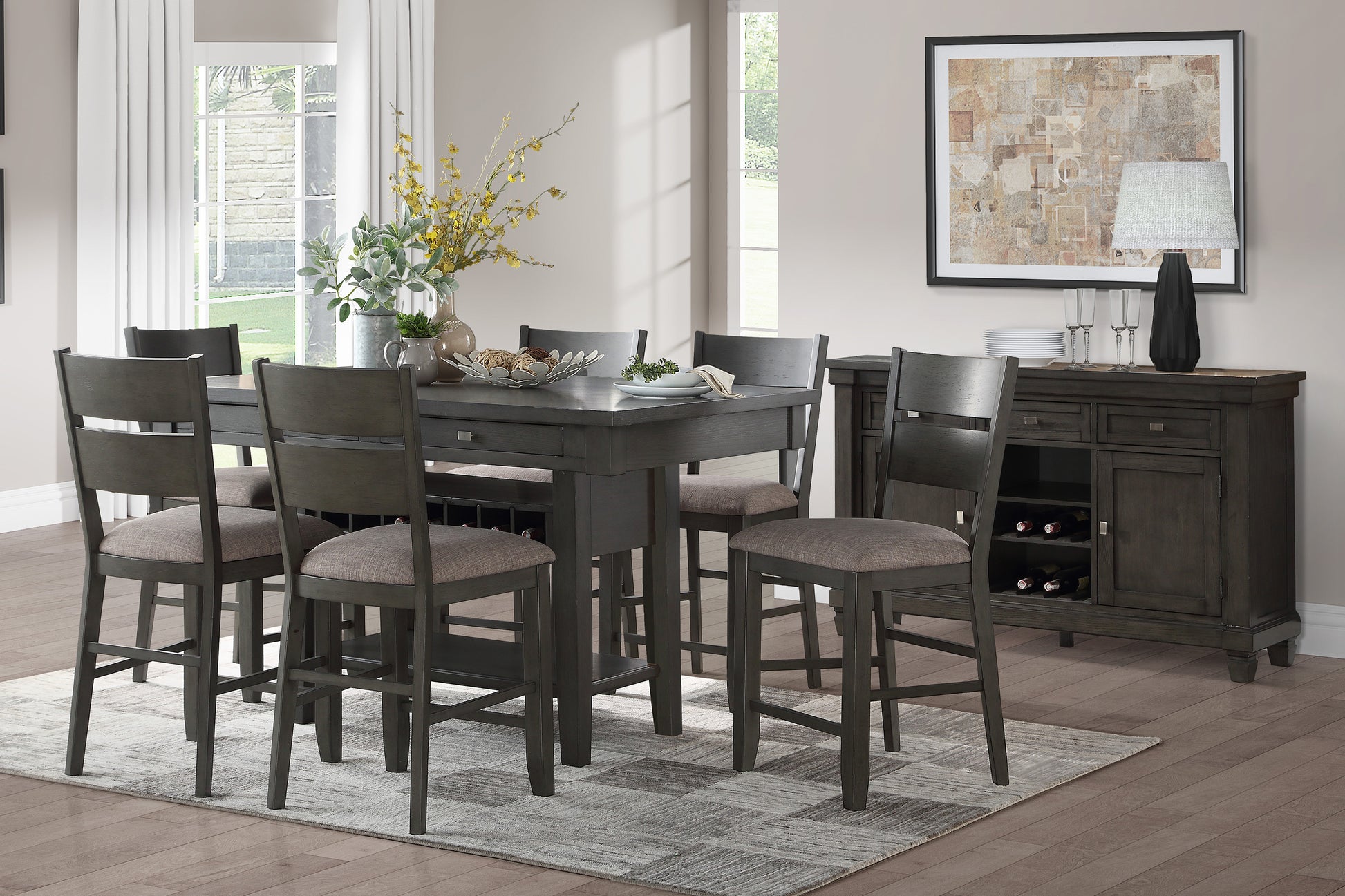 Transitional Gray Finish 1Pc Counter Height Table With Storage Drawers Display Shelf Wine Rack Dining Furniture Gray Dining Room Transitional Wood