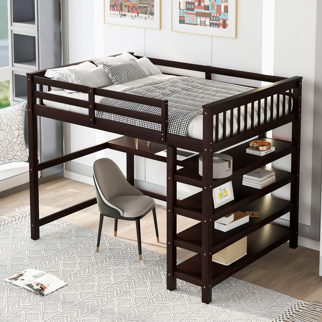 Full Size Loft Bed With Storage Shelves And Under Bed Desk, Espresso Old Sku:Sm000246Aap 1 Box Spring Not Required Full Espresso Wood Bedroom Pine