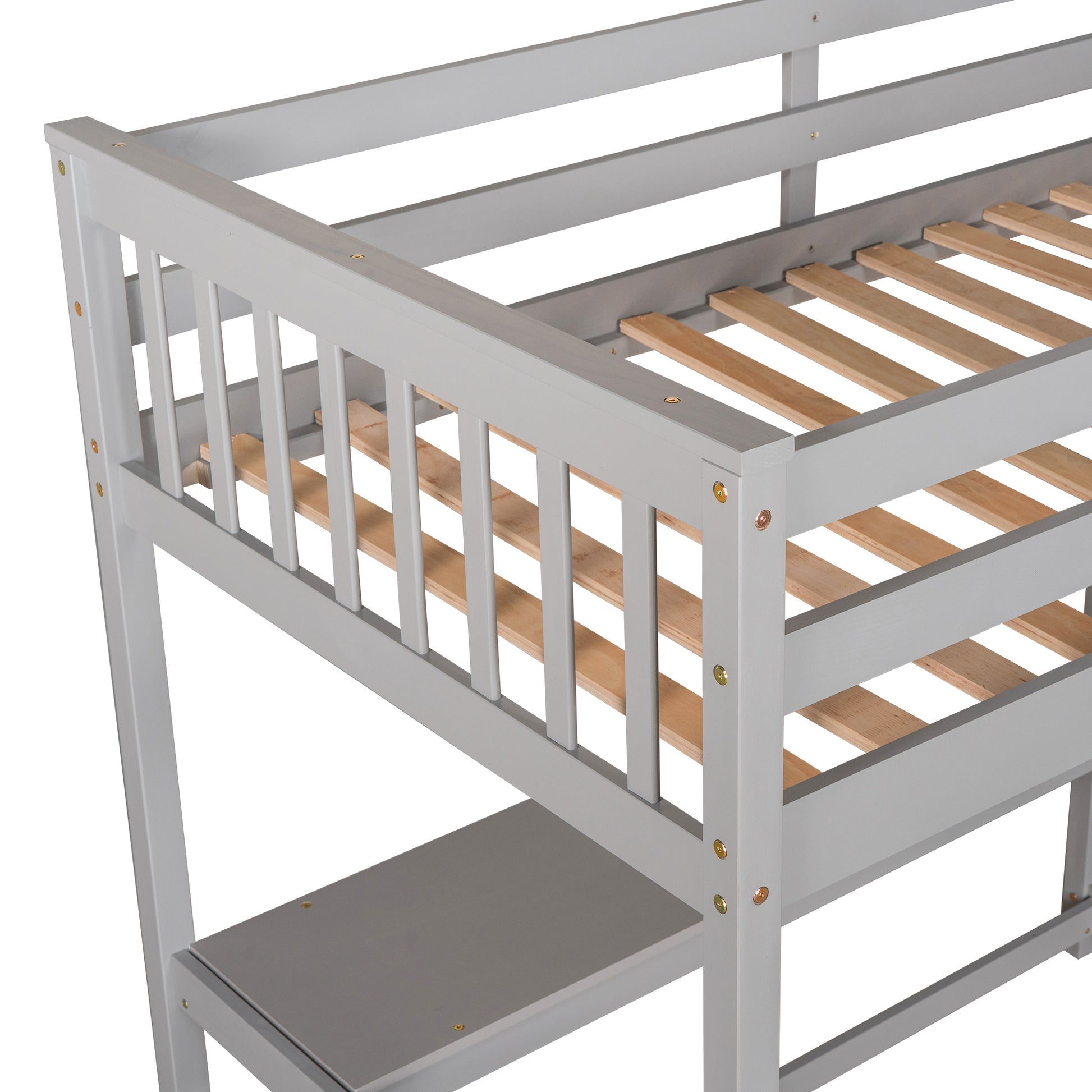 Twin Size Loft Bed With Storage Shelves And Under Bed Desk, Gray Old Sku:Sm000245Aae 1 Gray Pine