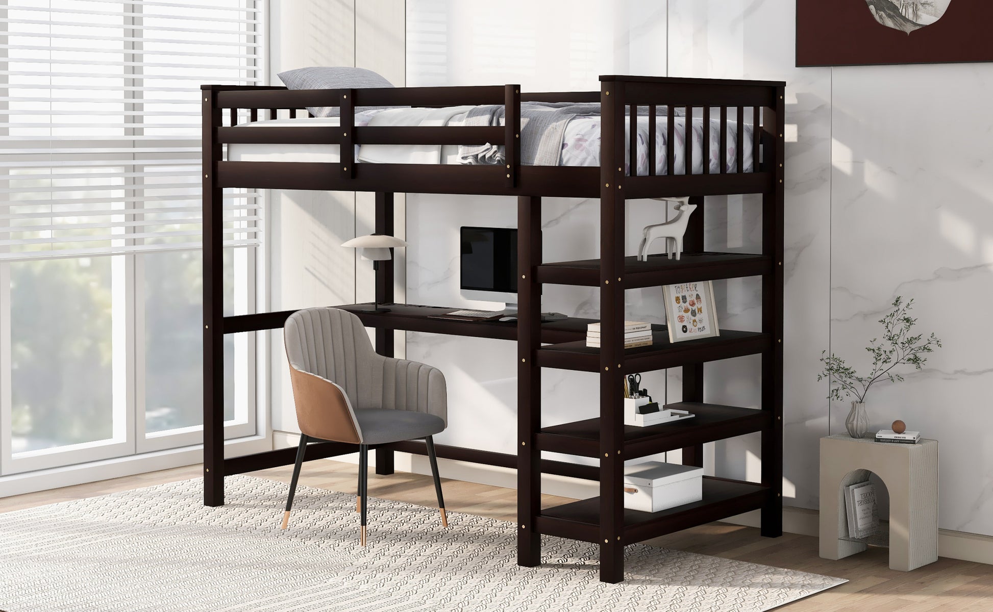 Twin Size Loft Bed With Storage Shelves And Under Bed Desk, Espresso Old Sku:Sm000245Aap 1 Espresso Pine