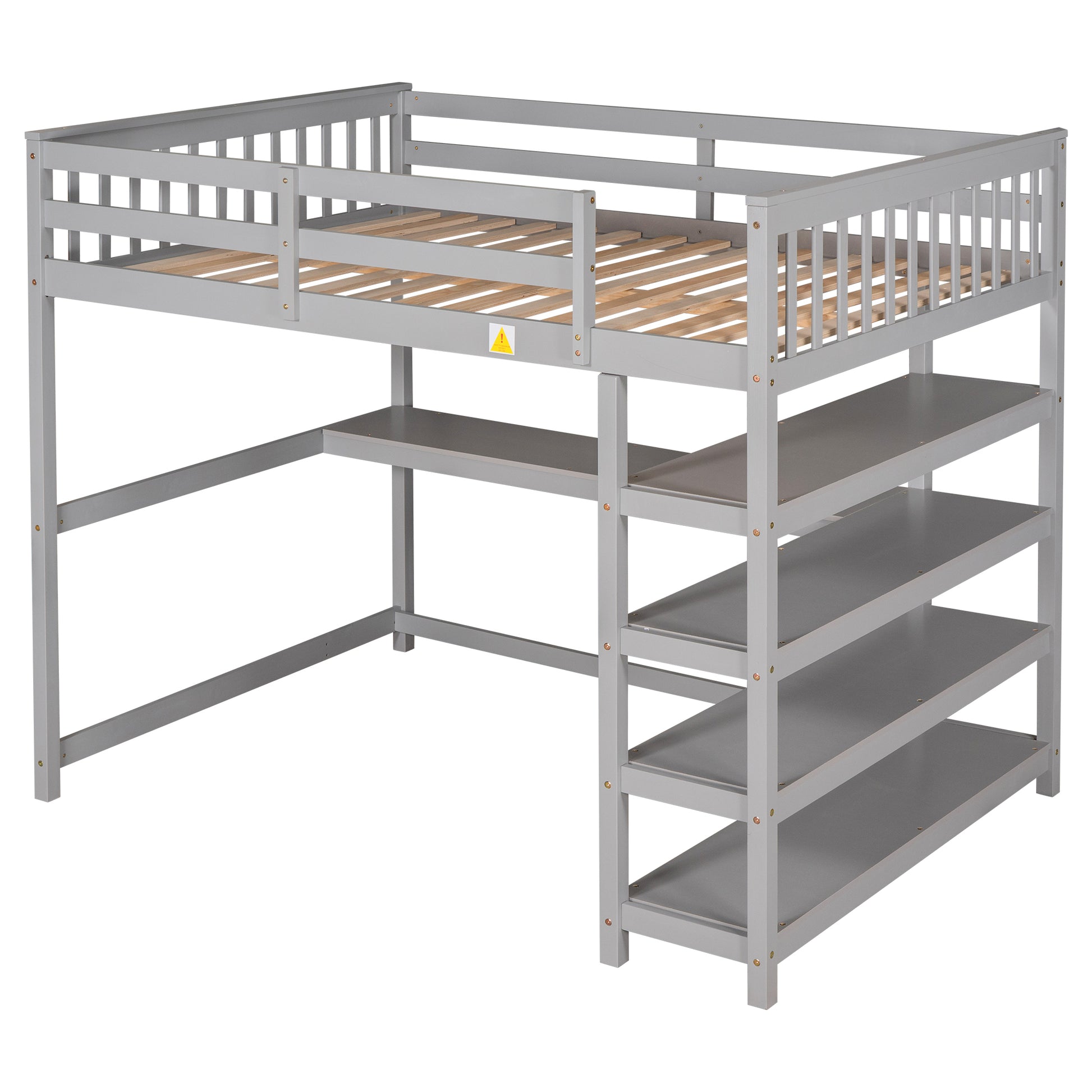 Full Size Loft Bed With Storage Shelves And Under Bed Desk, Gray Old Sku:Sm000246Aae 1 Box Spring Not Required Full Gray Wood Bedroom Pine