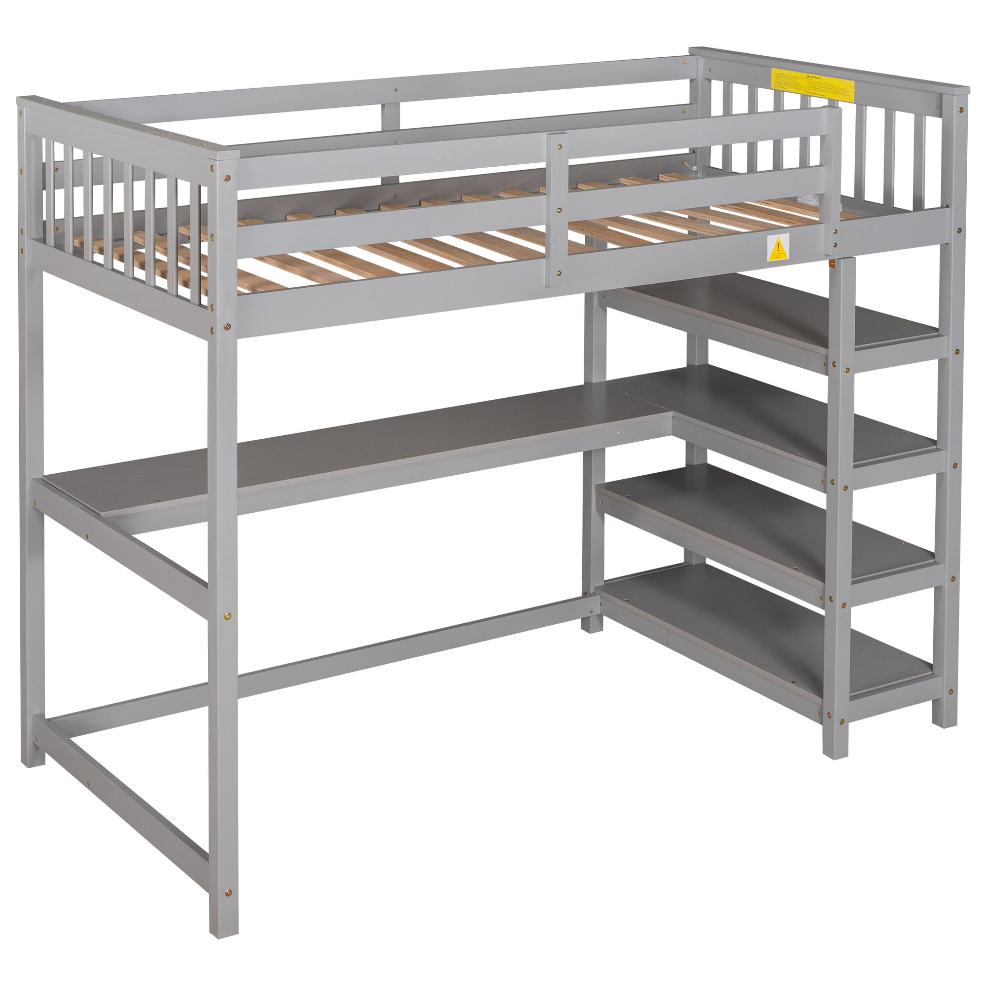 Twin Size Loft Bed With Storage Shelves And Under Bed Desk, Gray Old Sku:Sm000245Aae 1 Gray Pine