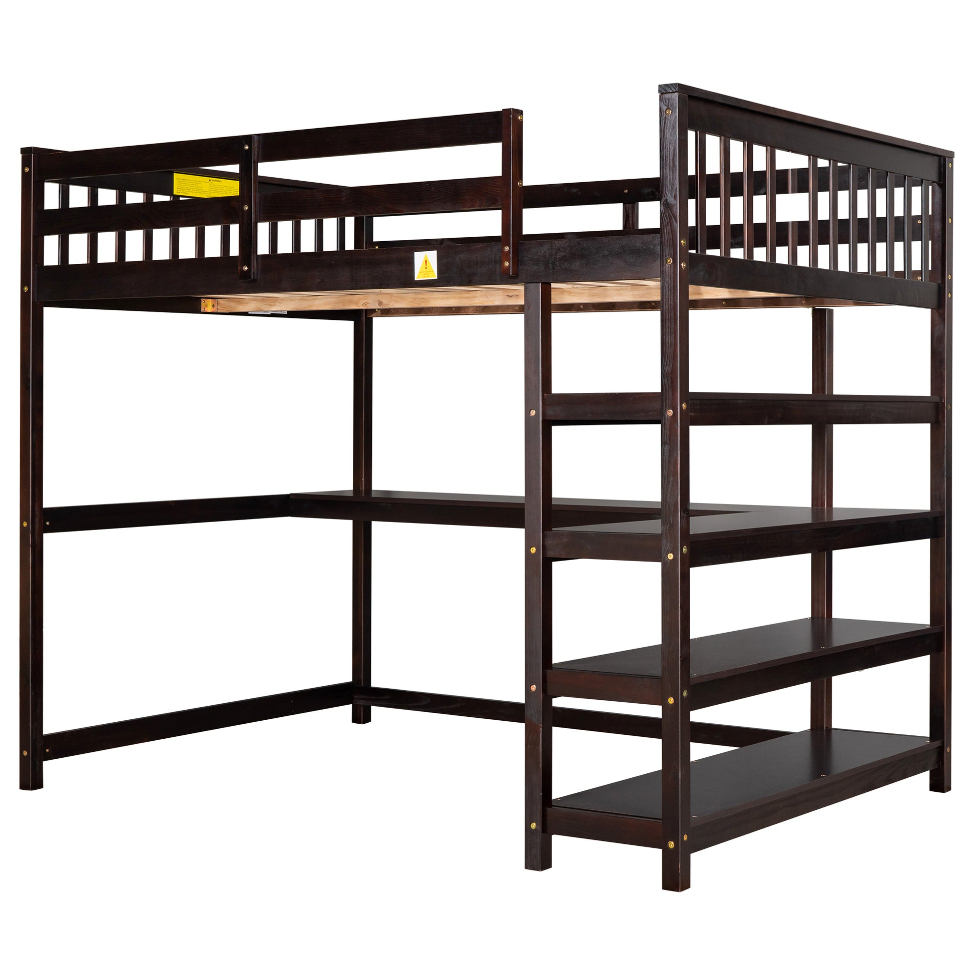 Full Size Loft Bed With Storage Shelves And Under Bed Desk, Espresso Old Sku:Sm000246Aap 1 Box Spring Not Required Full Espresso Wood Bedroom Pine