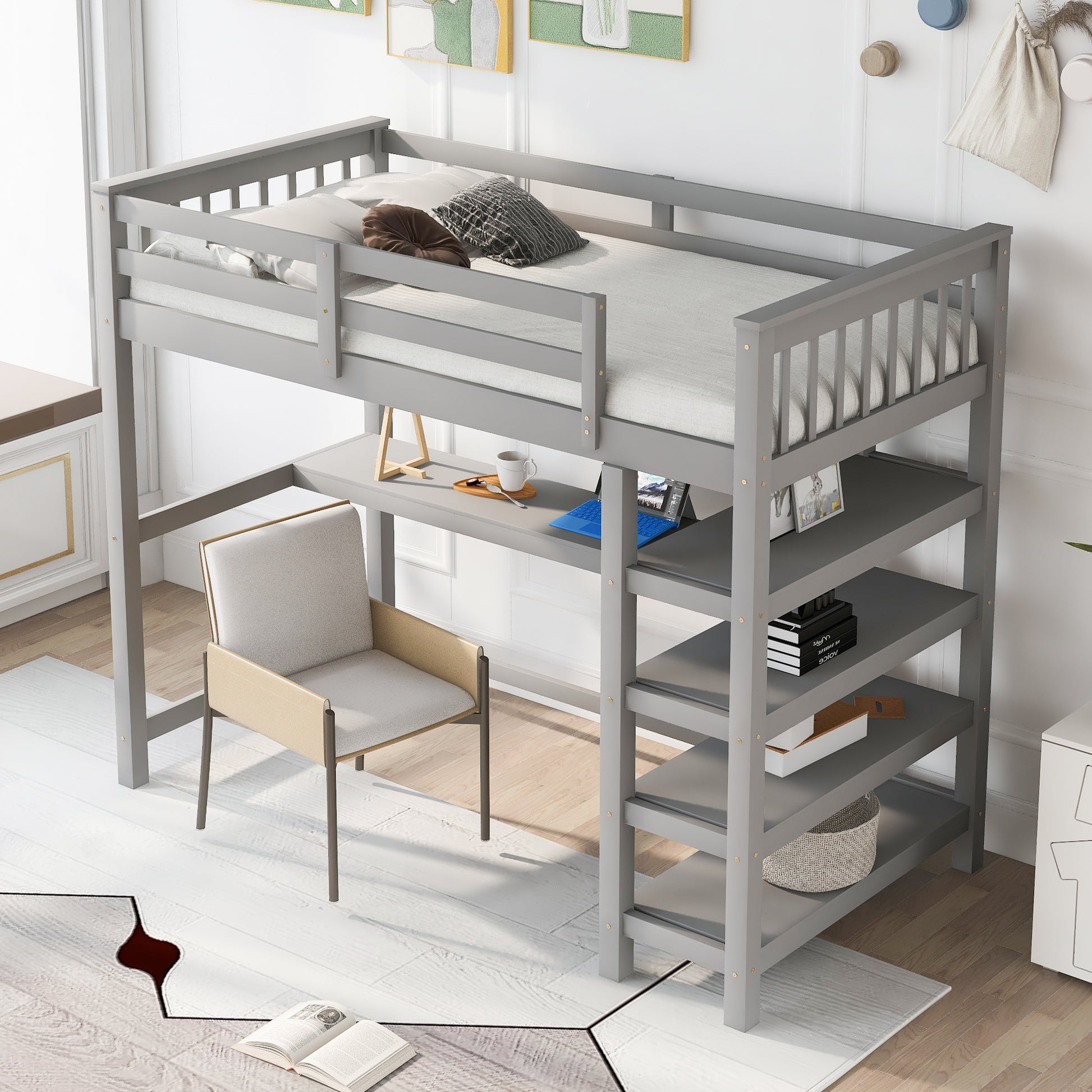 Twin Size Loft Bed With Storage Shelves And Under Bed Desk, Gray Old Sku:Sm000245Aae 1 Gray Pine