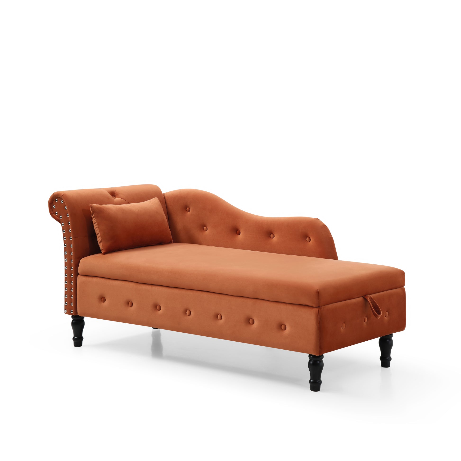 Aijia 60" Velvet Multifunctional Storage Chaise Lounge Buttons Tufted Trimmed Solid Wood Legs With 1 Pillow,Orange Orange Velvet