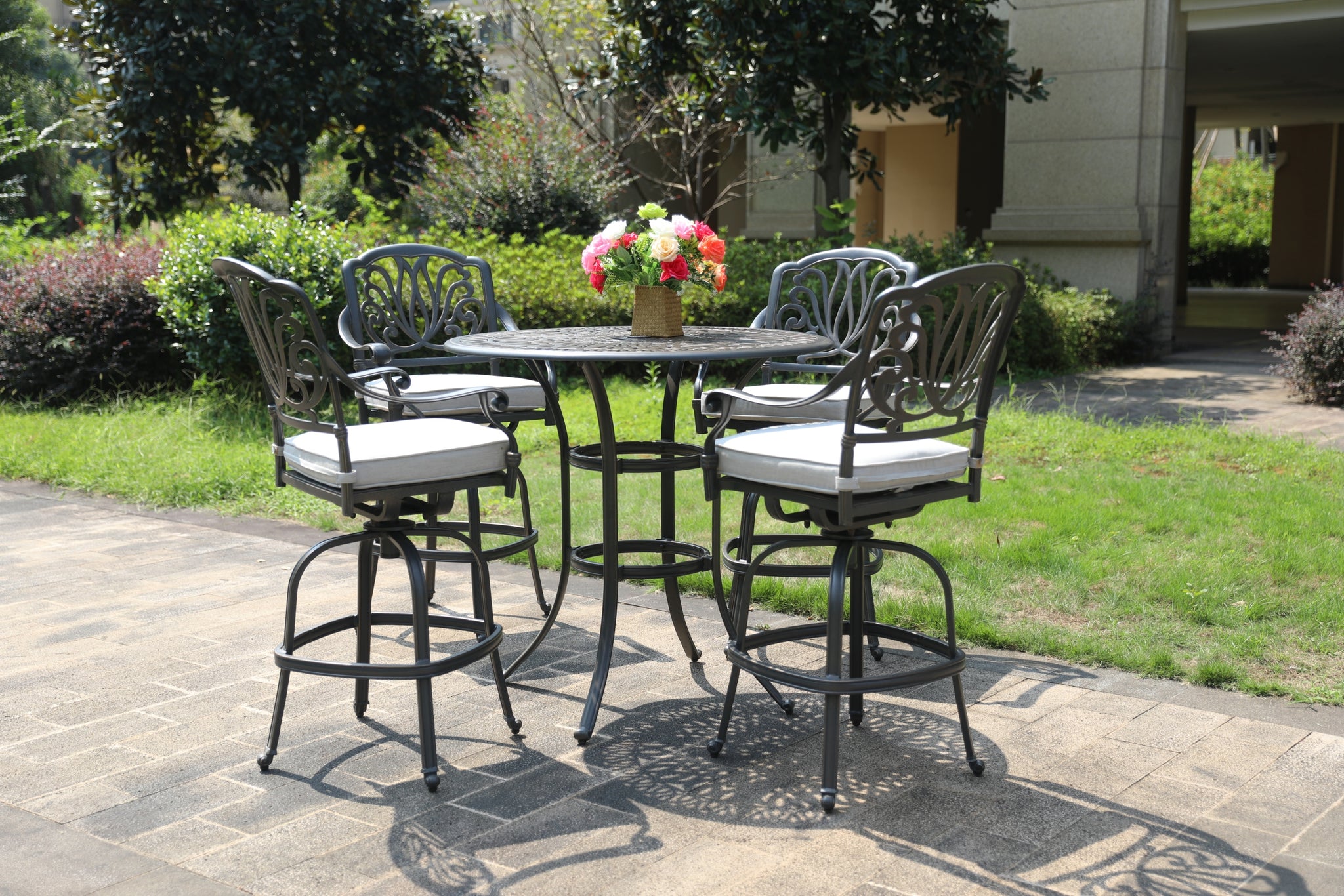 Round 4 Person 42" Long Bar Height Dining Set With Cushions Dark Gray White Polyester Aluminum