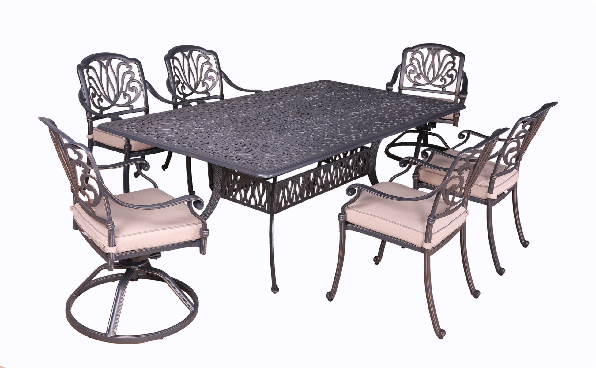 Rectangular 6 Person 84" Long Aluminum Dining Set With Sunbrella Cushions Grey Ivory Polyester Aluminum