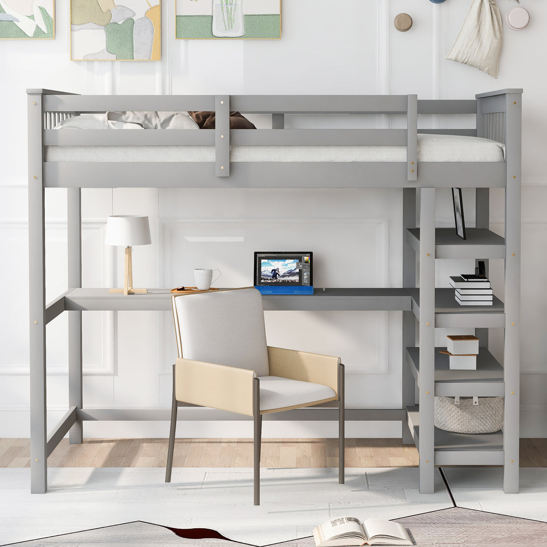 Twin Size Loft Bed With Storage Shelves And Under Bed Desk, Gray Old Sku:Sm000245Aae 1 Gray Pine