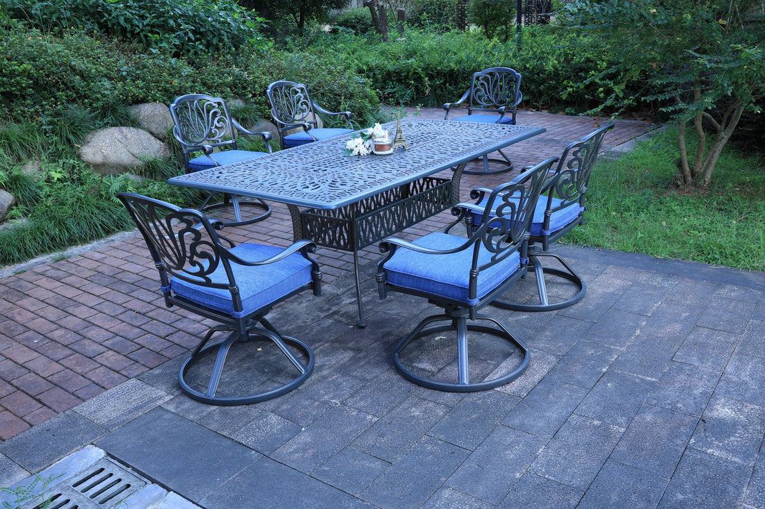 Rectangular 6 Person 84.25" Long Aluminum Dining Set With Cushions Gray Navy Polyester Aluminum