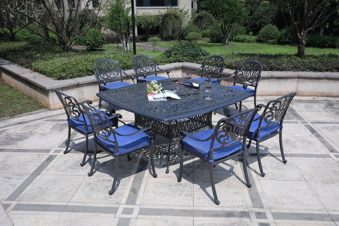 Square 8 Person 64" Long Aluminum Dining Set With Cushions Gray Navy Polyester Aluminum