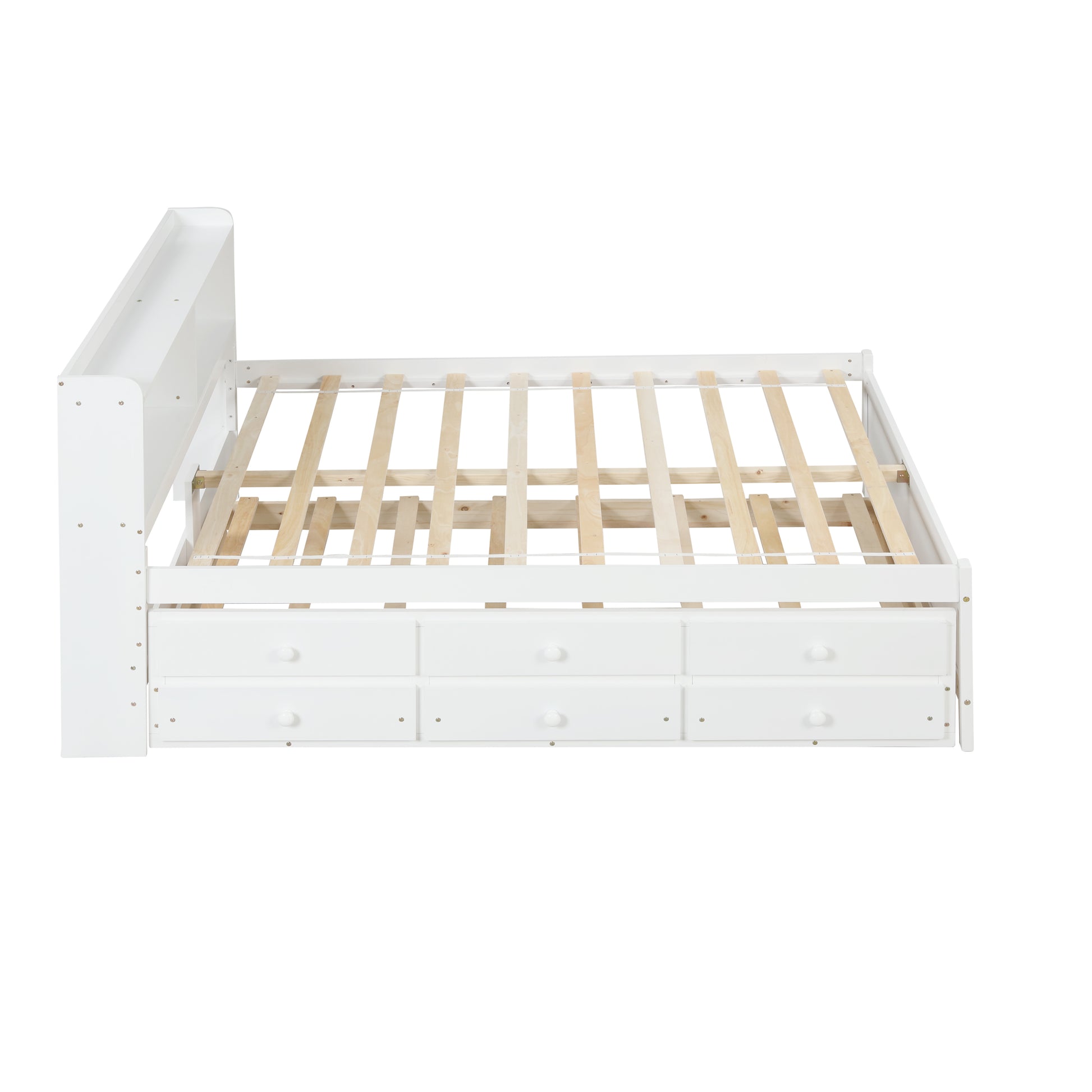 Full Bed With Bookcase,Twin Trundle,Drawers,White Full White Pine