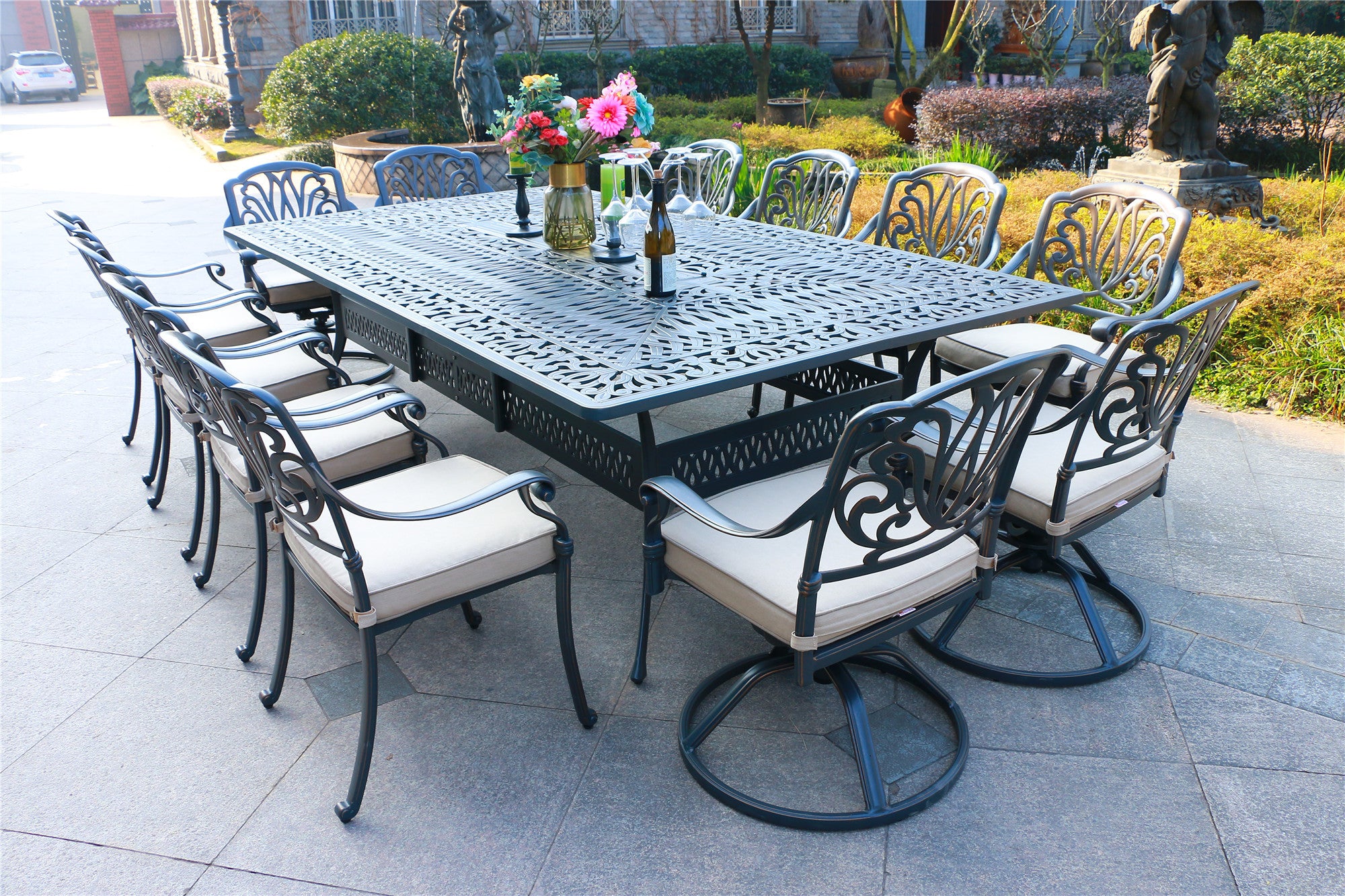 Rectangular 12 Person 108" Long Aluminum Dining Set With Cushions Grey Ivory Polyester Aluminum