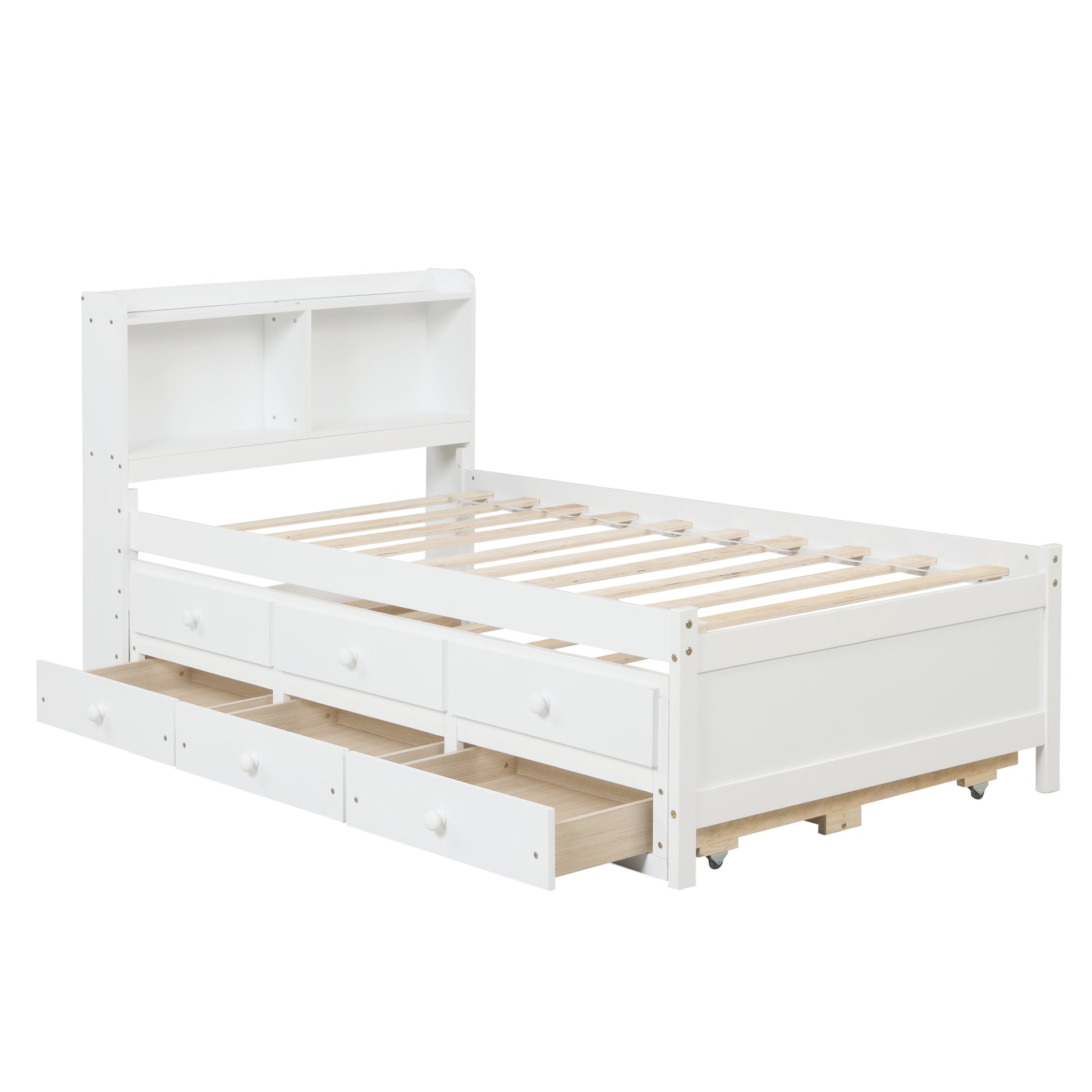 Twin Bed With Bookcase,Twin Trundle,Drawers,White Twin White Pine