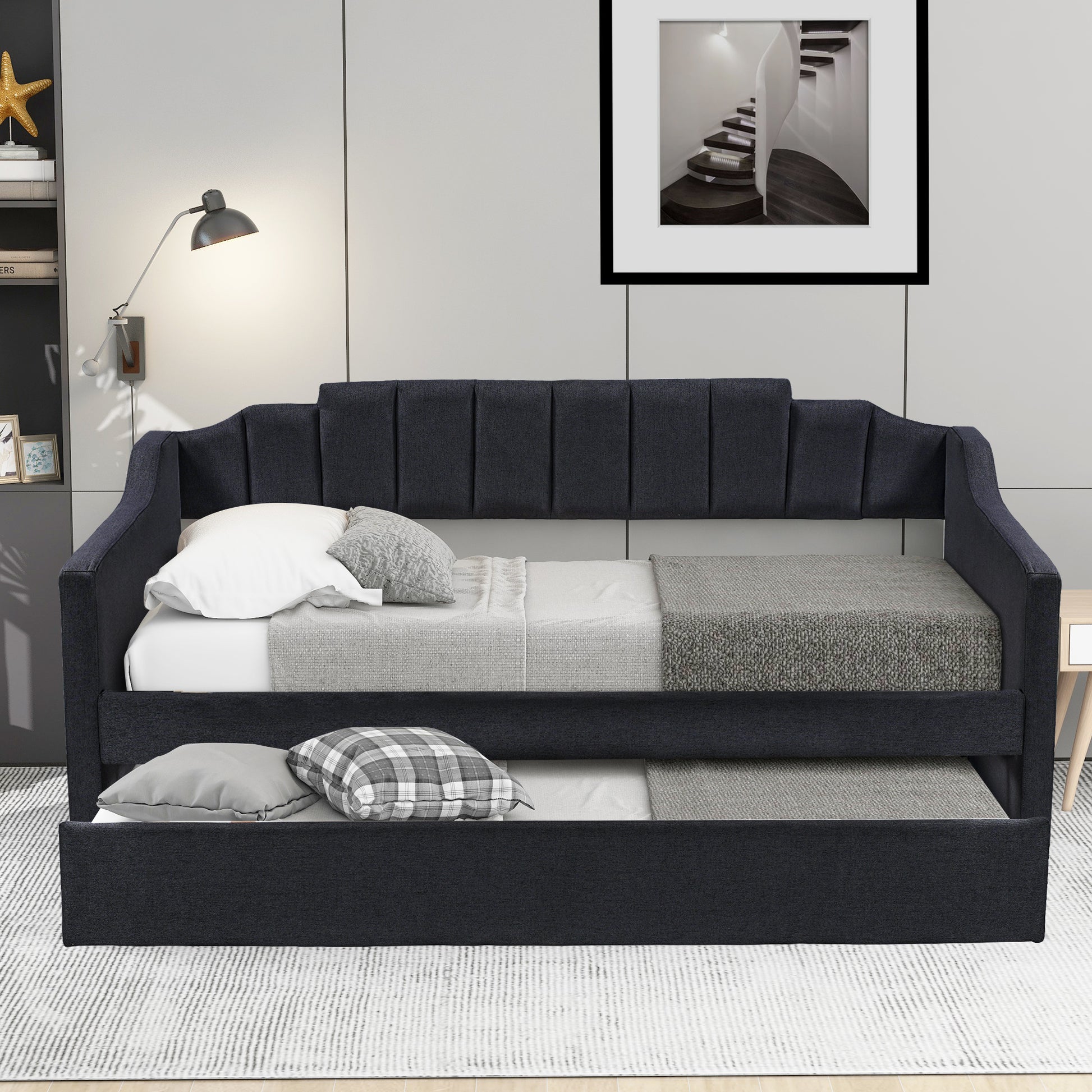 Upholstered Twin Daybed With Trundle,Black Black Upholstered