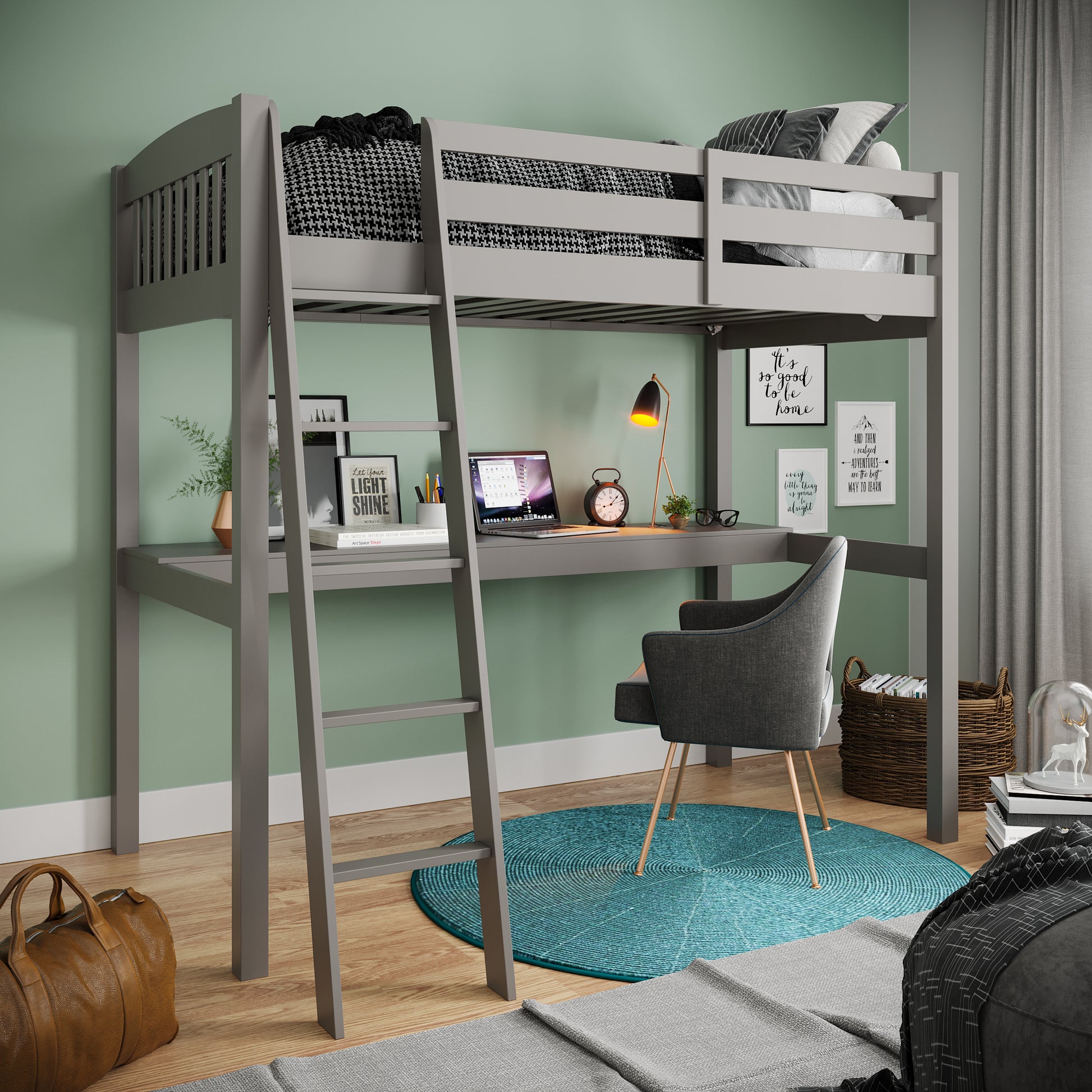 Everest Grey High Loft Bed With Desk And Storage, Heavy Duty Solid Wood Twin Size Loft Bed Frame With Stairs For Kids And Toddlers, No Box Spring Needed Grey Solid Wood