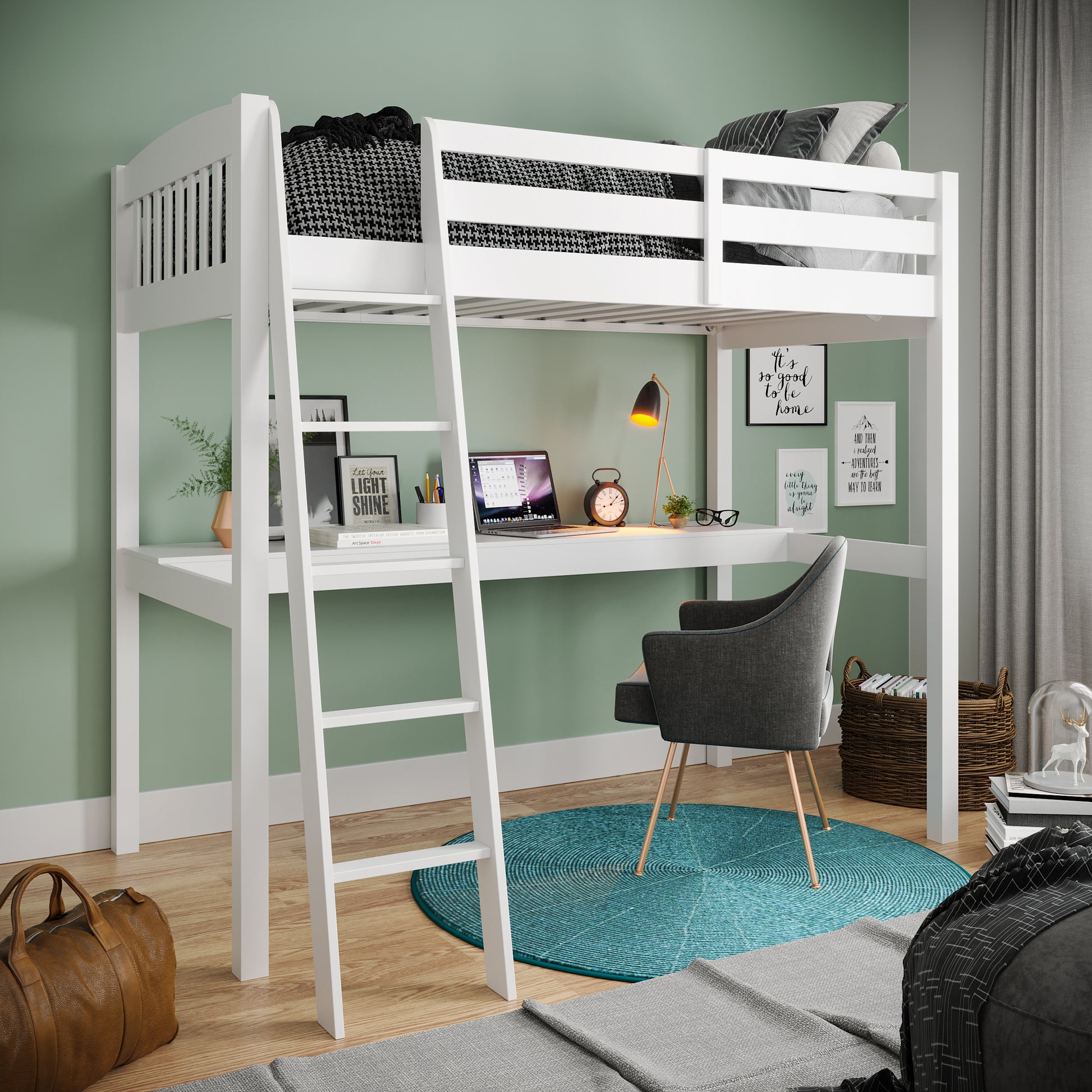 Everest White High Loft Bed With Desk And Storage, Heavy Duty Solid Wood Full Size Loft Bed Frame With Stairs For Kids And Toddlers, No Box Spring Needed White Solid Wood