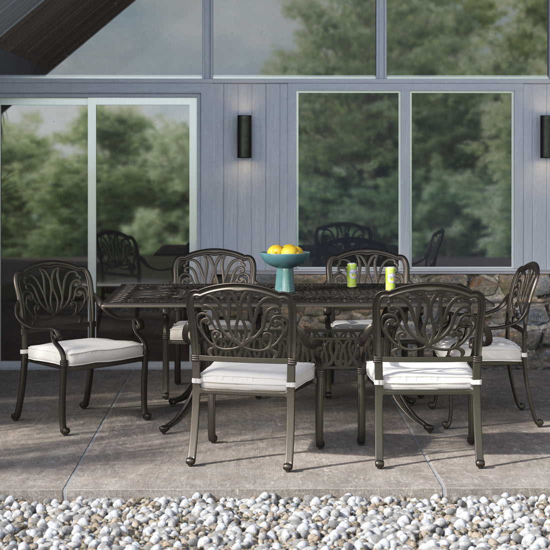 Rectangular 6 Person 84.25" Long Dining Set With Cushions Dark Gray White Polyester Aluminum