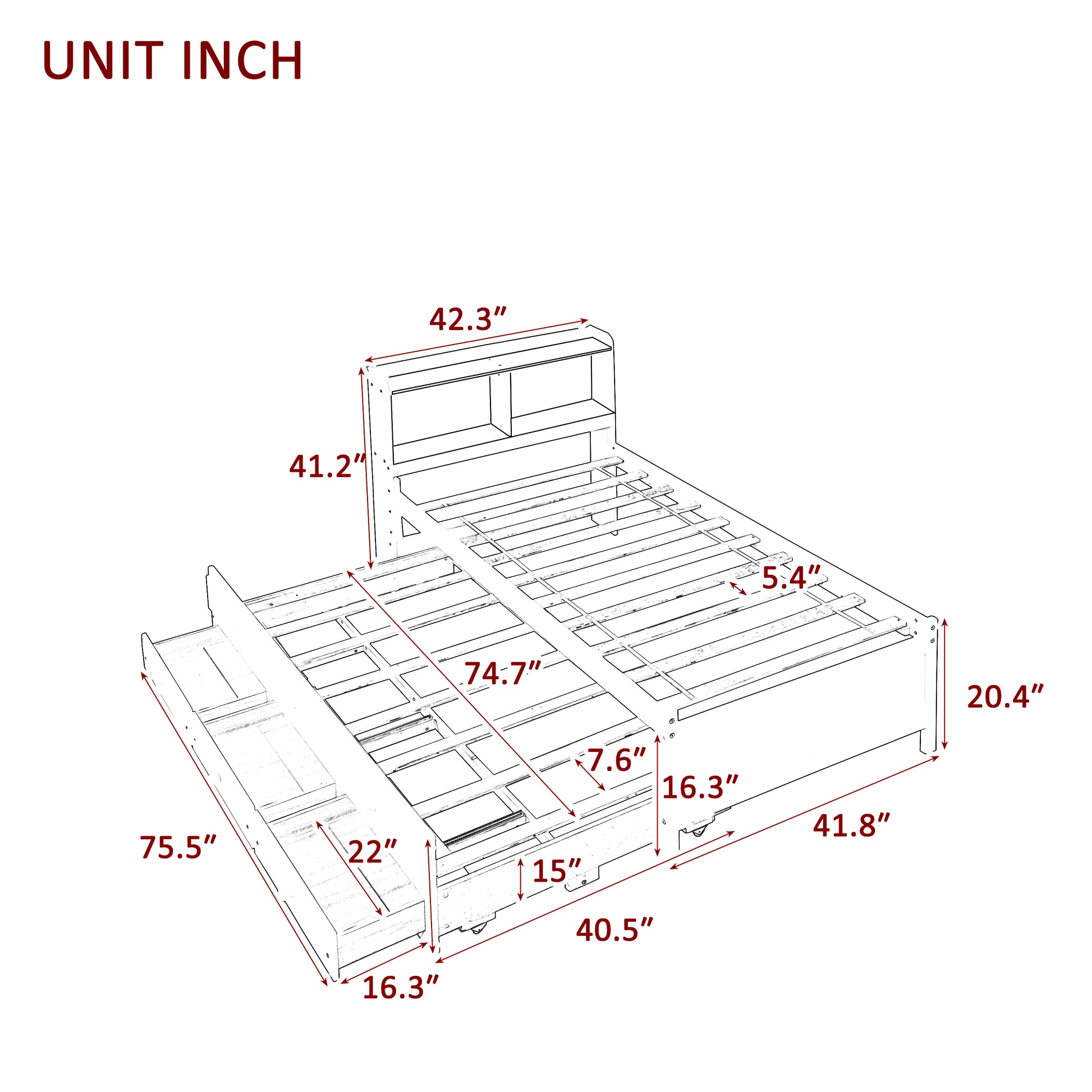 Twin Bed With Bookcase,Twin Trundle,Drawers,Espresso Twin Espresso Pine