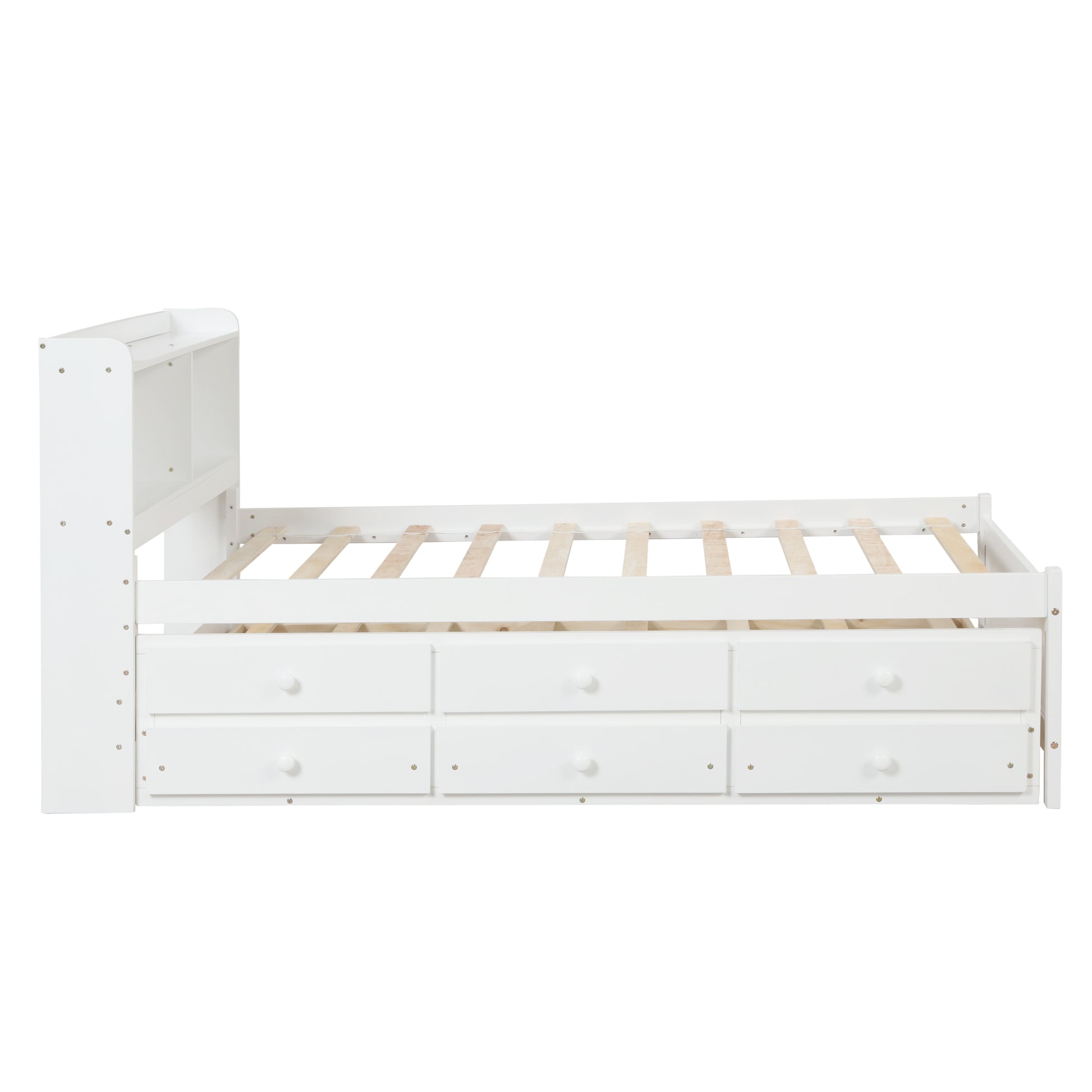 Twin Bed With Bookcase,Twin Trundle,Drawers,White Twin White Pine