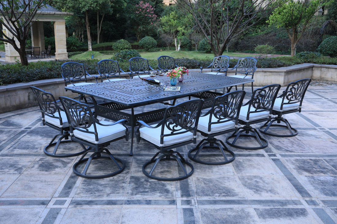 Rectangular 12 Person 108.07" Long Dining Set With Cushions Dark Gray White Polyester Aluminum