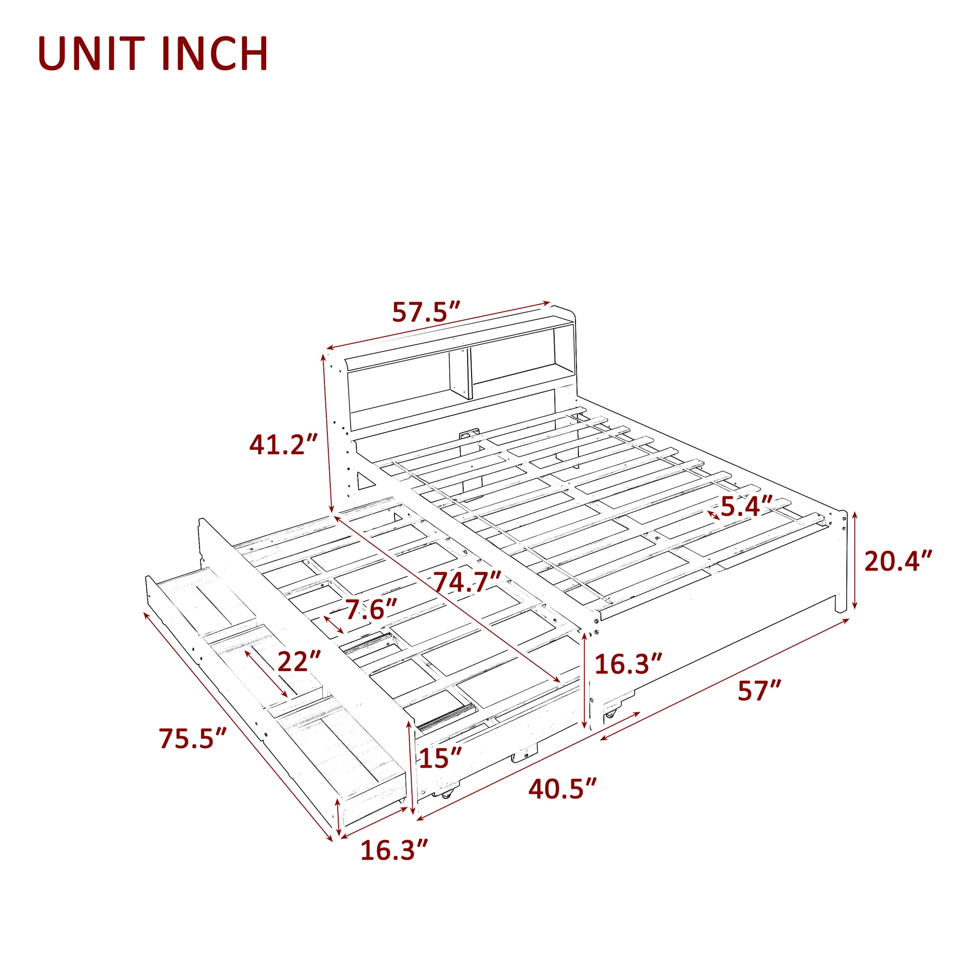 Full Bed With Bookcase,Twin Trundle,Drawers,White Full White Pine