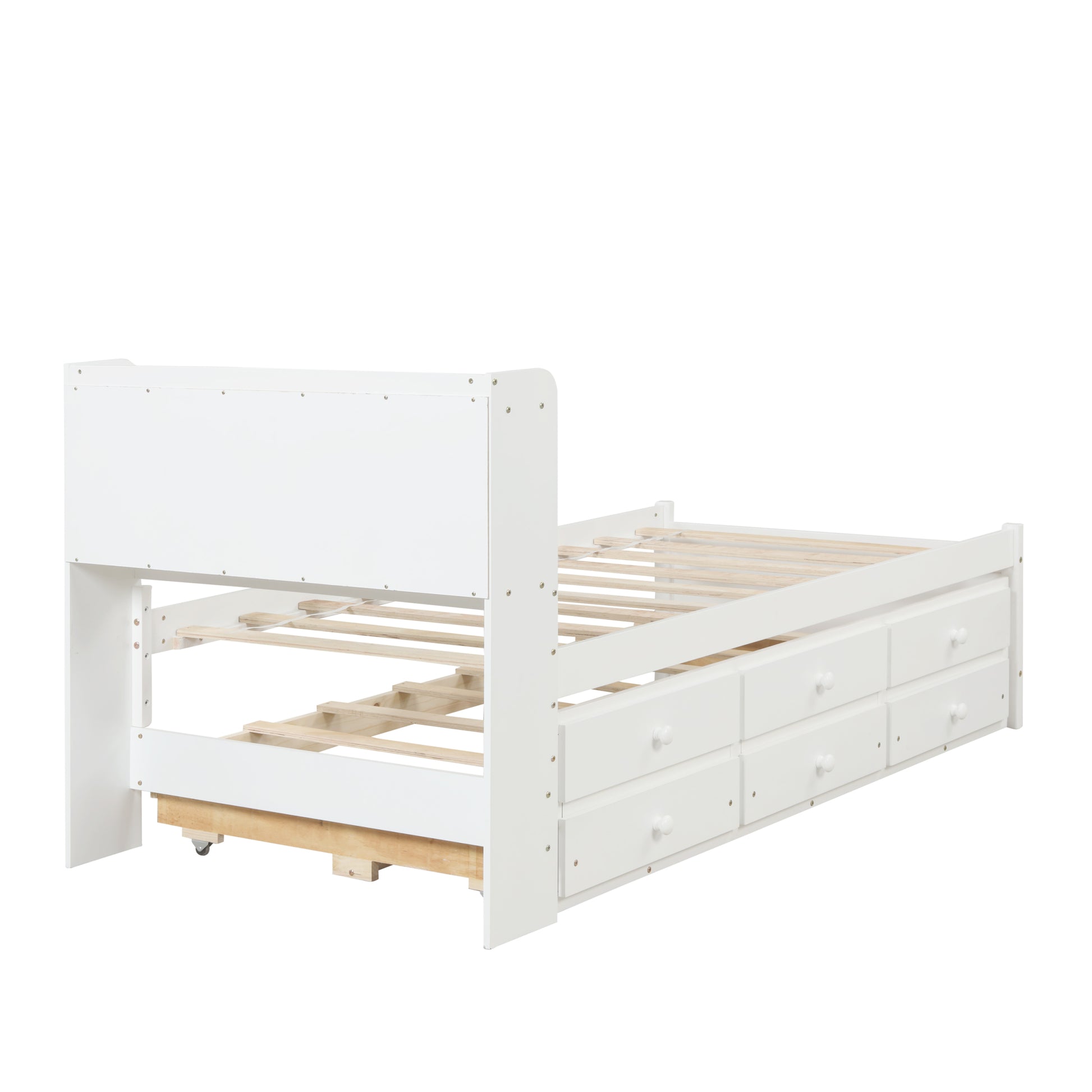 Twin Bed With Bookcase,Twin Trundle,Drawers,White Twin White Pine