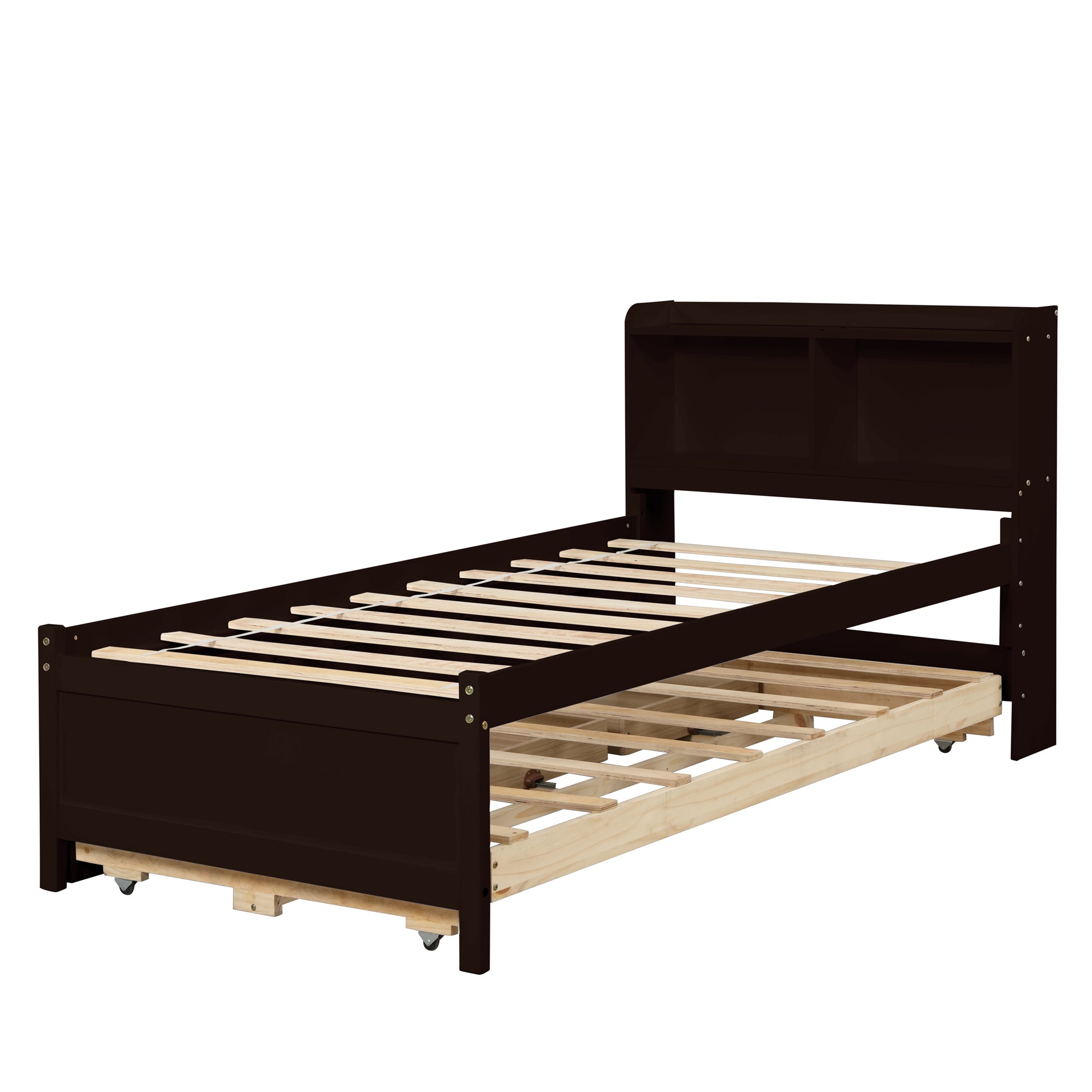 Twin Bed With Bookcase,Twin Trundle,Drawers,Espresso Twin Espresso Pine