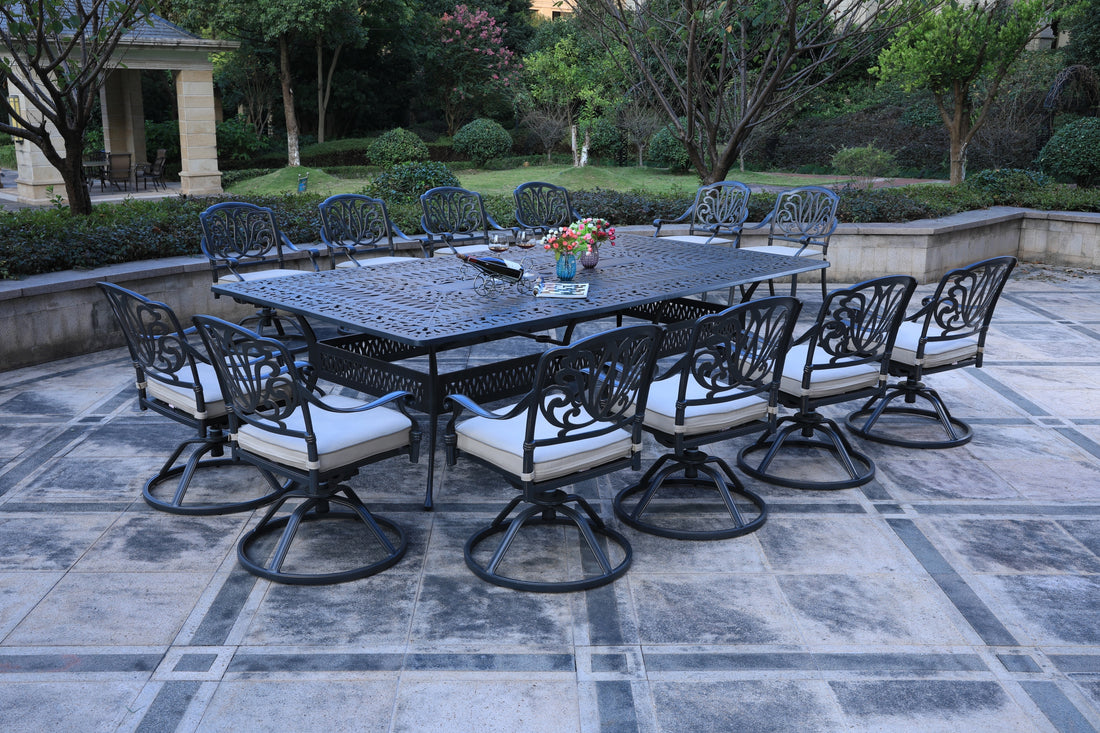 Rectangular 12 Person 108.07" Long Dining Set With Sunbrella Cushions Grey Ivory Polyester Aluminum