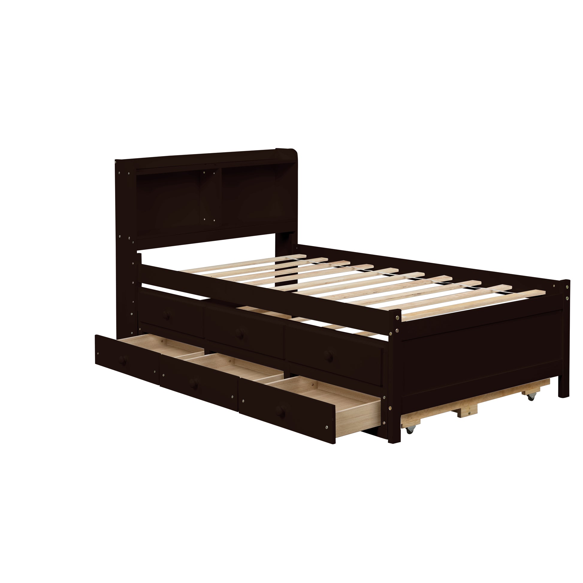 Twin Bed With Bookcase,Twin Trundle,Drawers,Espresso Twin Espresso Pine