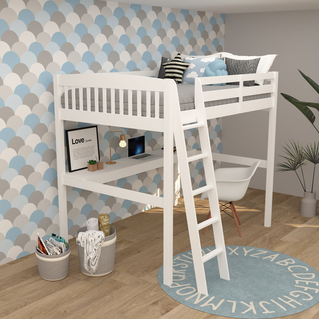 Everest White High Loft Bed With Desk And Storage, Heavy Duty Solid Wood Full Size Loft Bed Frame With Stairs For Kids And Toddlers, No Box Spring Needed White Solid Wood