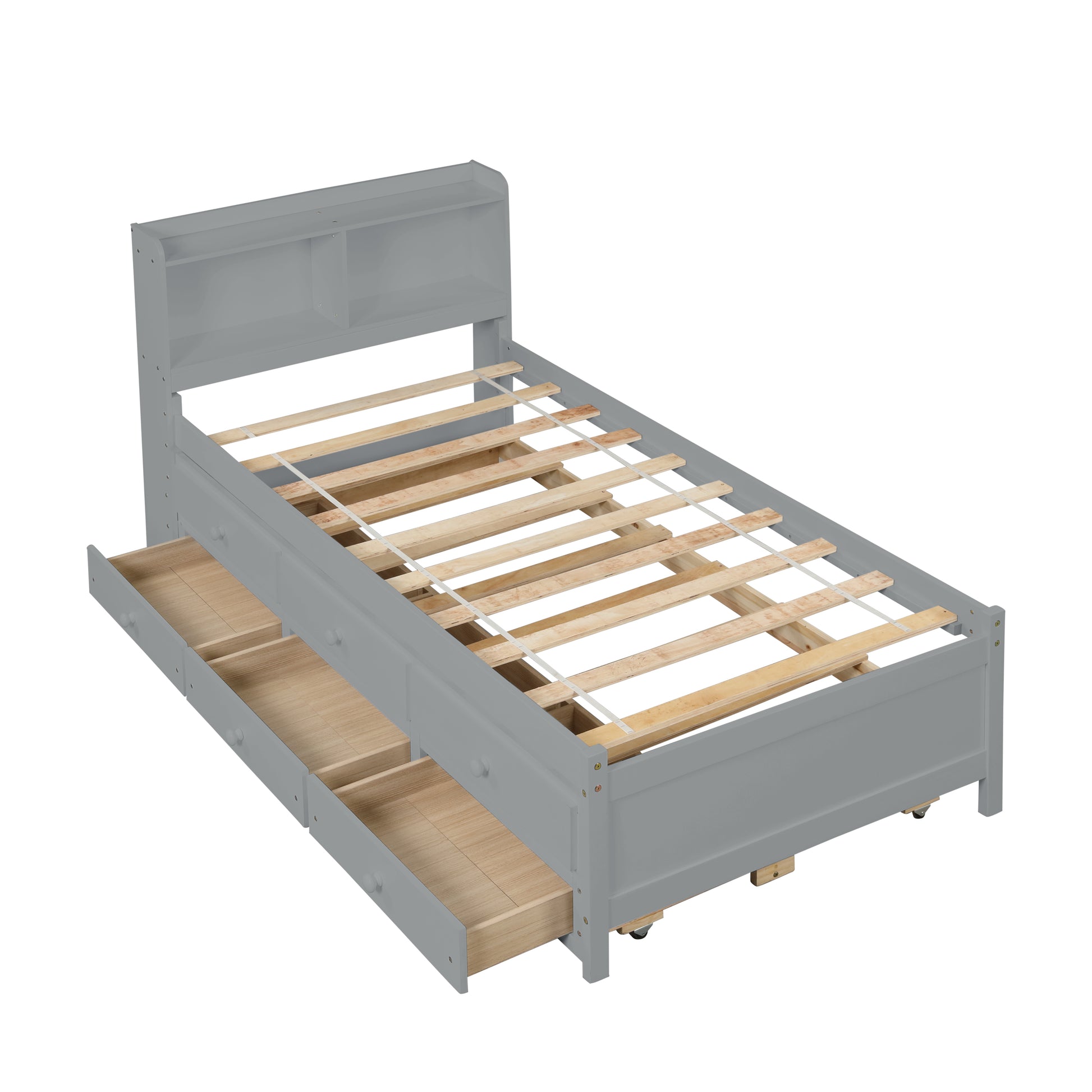 Twin Bed With Twin Trundle,Drawers,Grey Twin Grey Pine