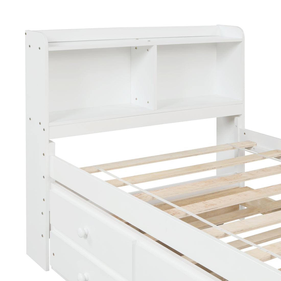 Twin Bed With Bookcase,Twin Trundle,Drawers,White Twin White Pine