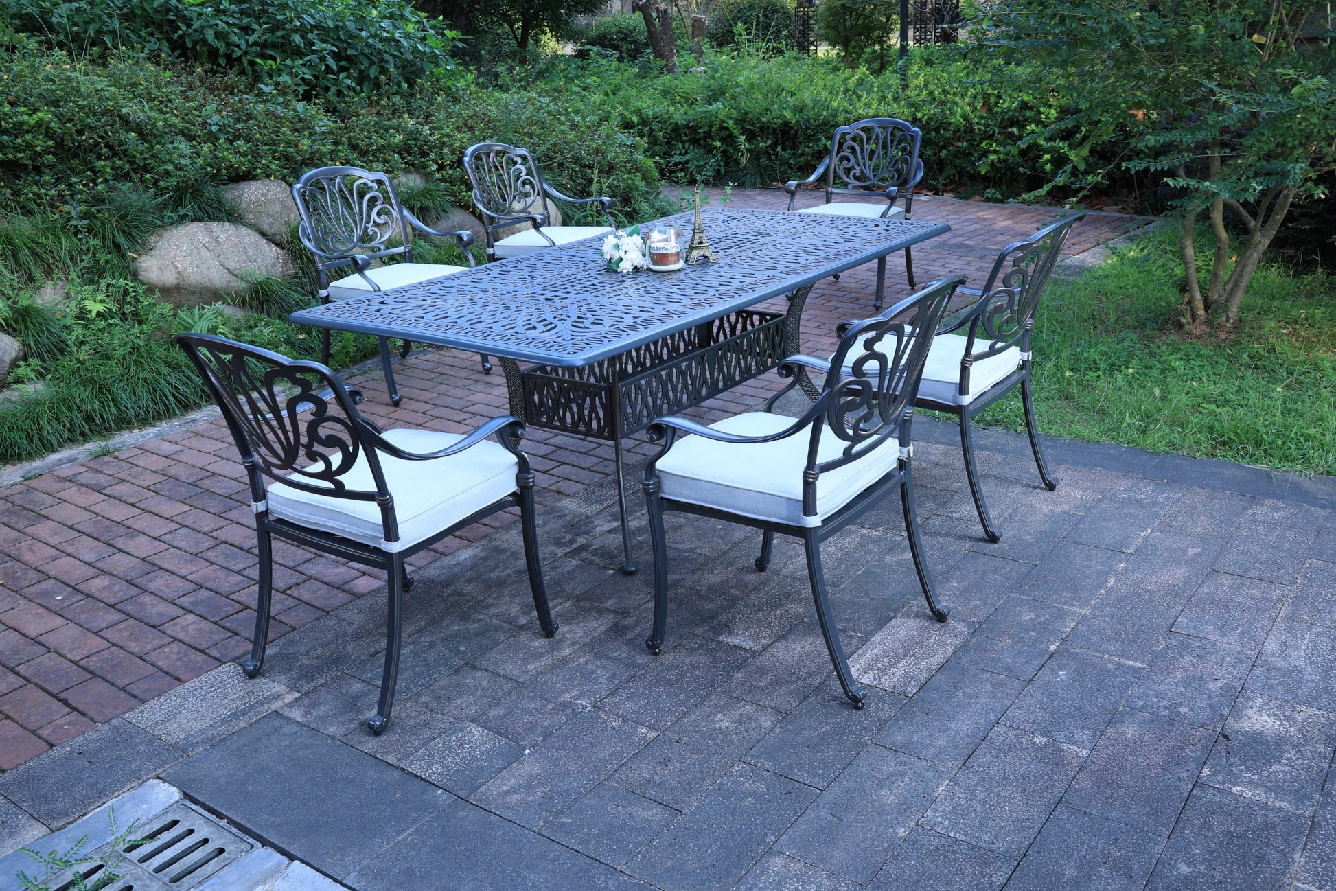 Rectangular 6 Person 84.25" Long Dining Set With Cushions Dark Gray White Polyester Aluminum