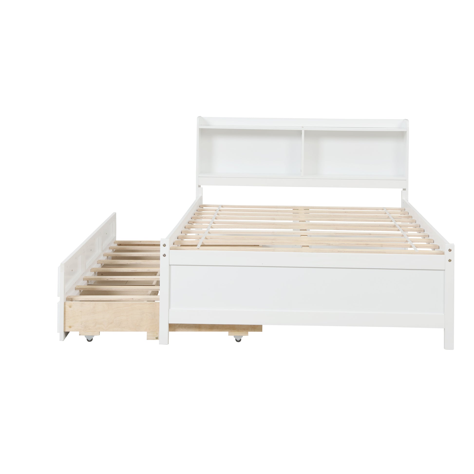 Full Bed With Bookcase,Twin Trundle,Drawers,White Full White Pine