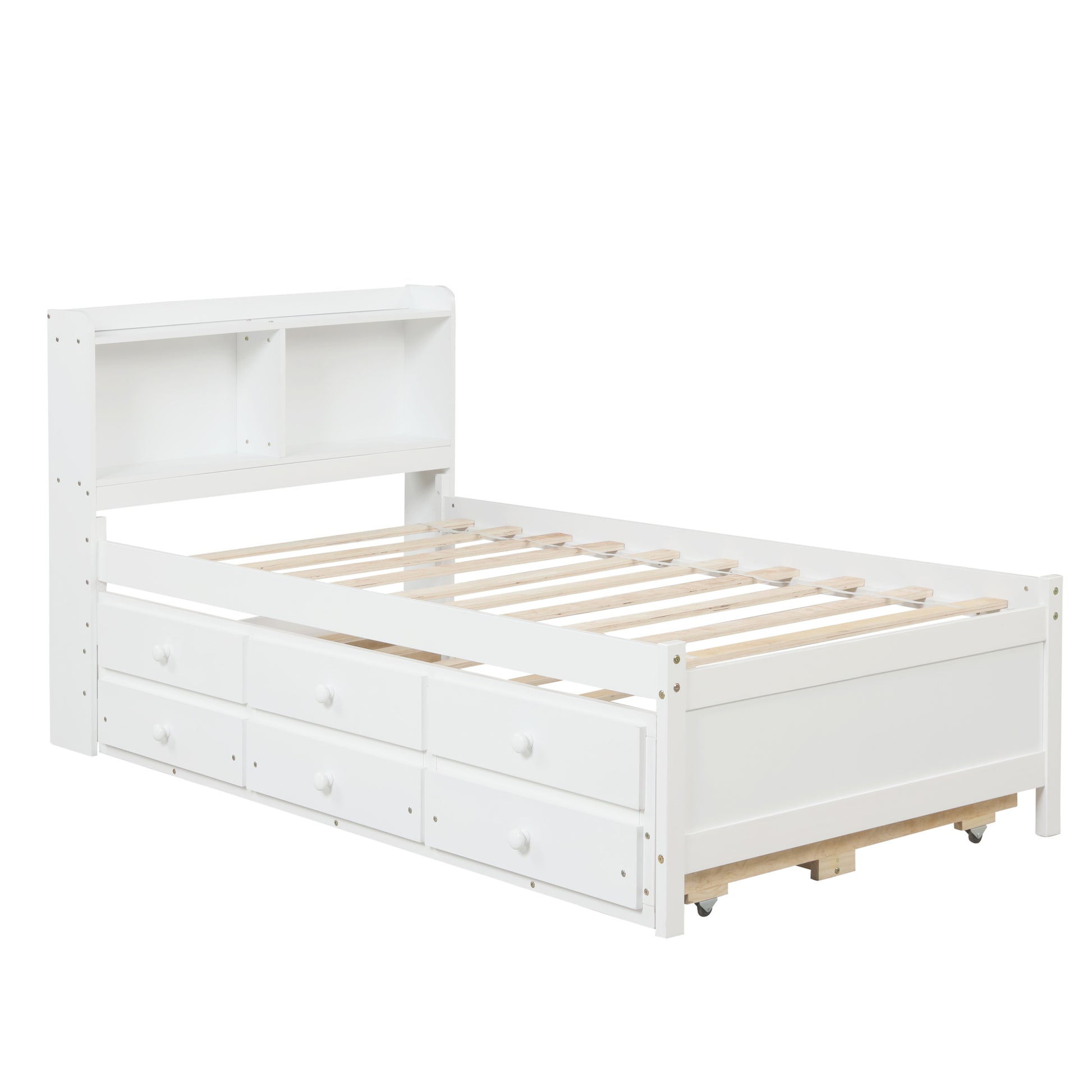 Twin Bed With Bookcase,Twin Trundle,Drawers,White Twin White Pine