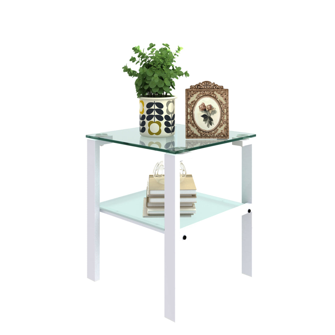 Glass Two Layer Tea Table, Small Round Table, Bedroom Corner Table, Living Room White Side Table White White Glass