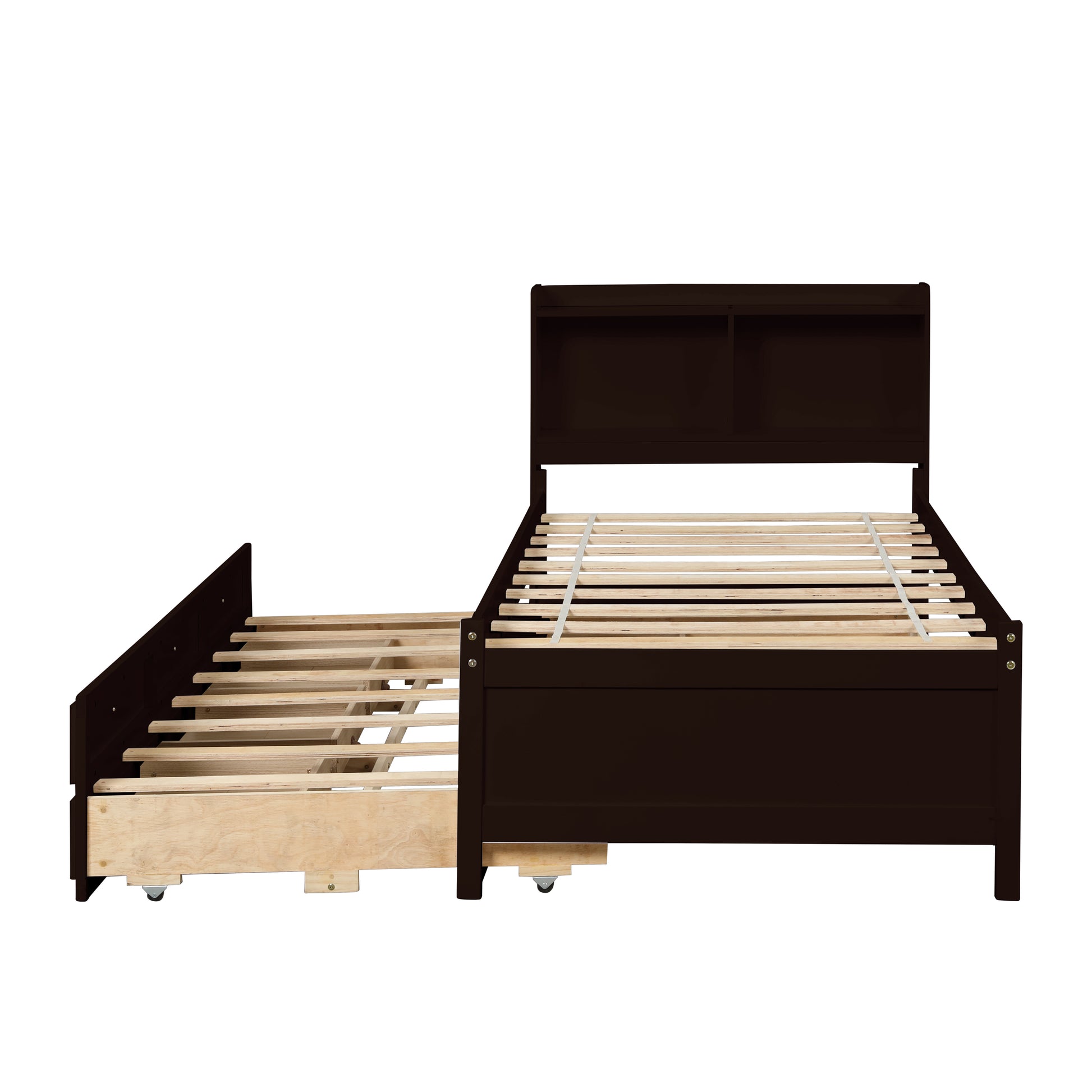 Twin Bed With Bookcase,Twin Trundle,Drawers,Espresso Twin Espresso Pine