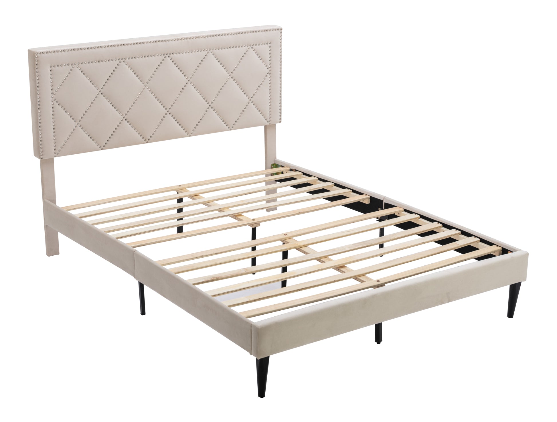 Modern Curved Upholstered Bed, Trim Queen Cream Plywood Fabric