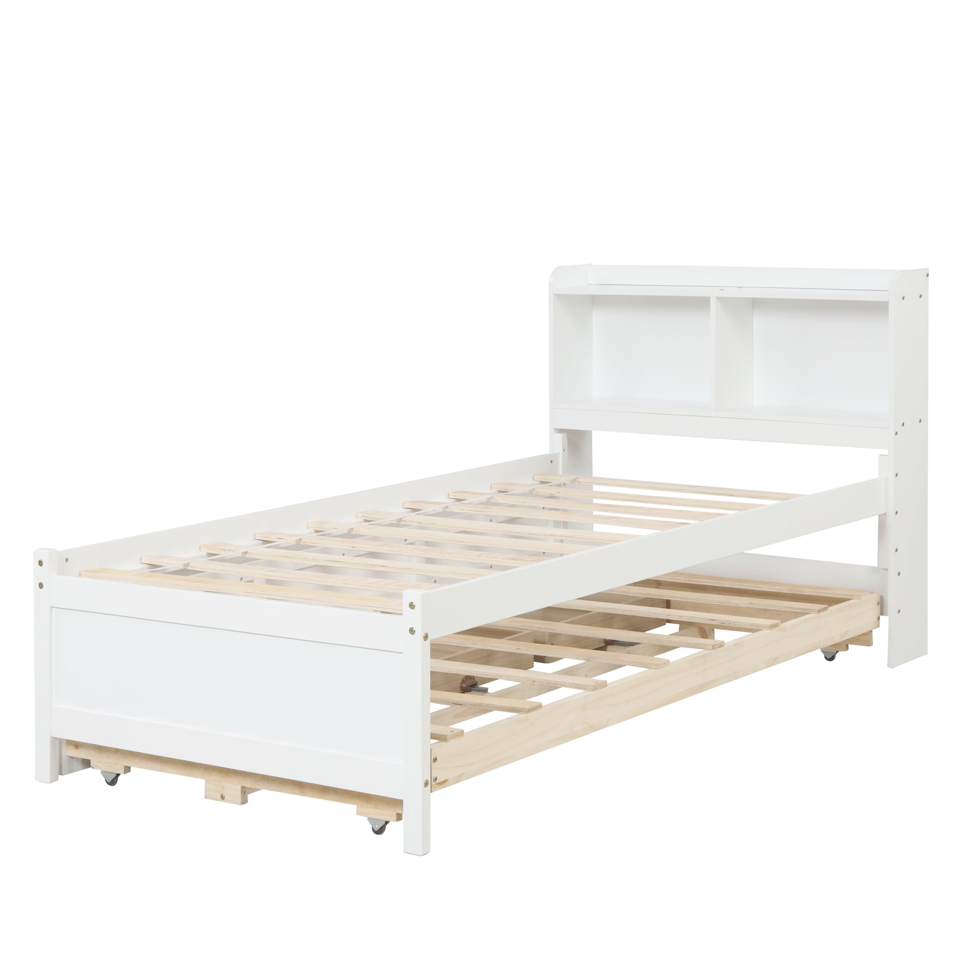 Twin Bed With Bookcase,Twin Trundle,Drawers,White Twin White Pine