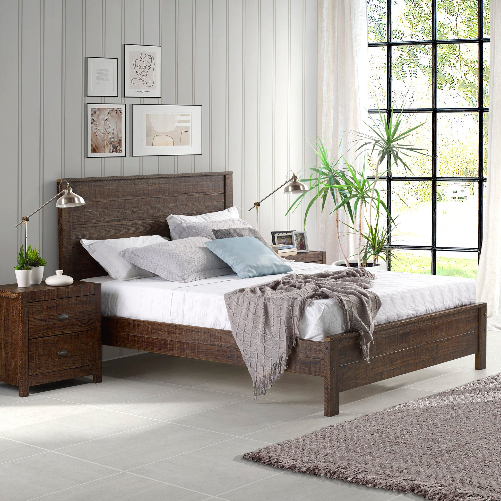 Albany Solid Wood Queen Bed Frame With Headboard, Heavy Duty Modern Rustic Queen Size Bed Frames, Box Spring Needed Espresso Solid Wood